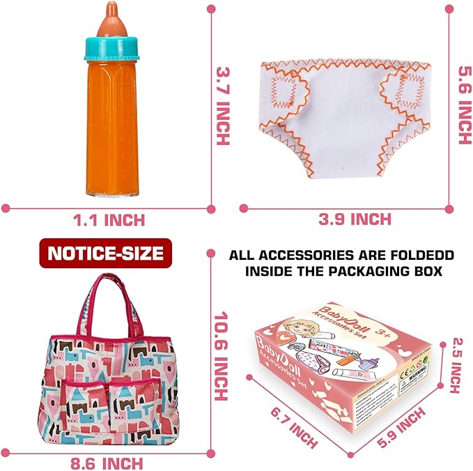 14 Pack Baby Doll Accessories, Baby Doll Feeding and Caring Set Includes Diaper Bag, Doll Diapers, Magic Bottle, Changing Mat for Girl Toddler Kid, Babies Pretend Play Set for Birthday Gift Christmas