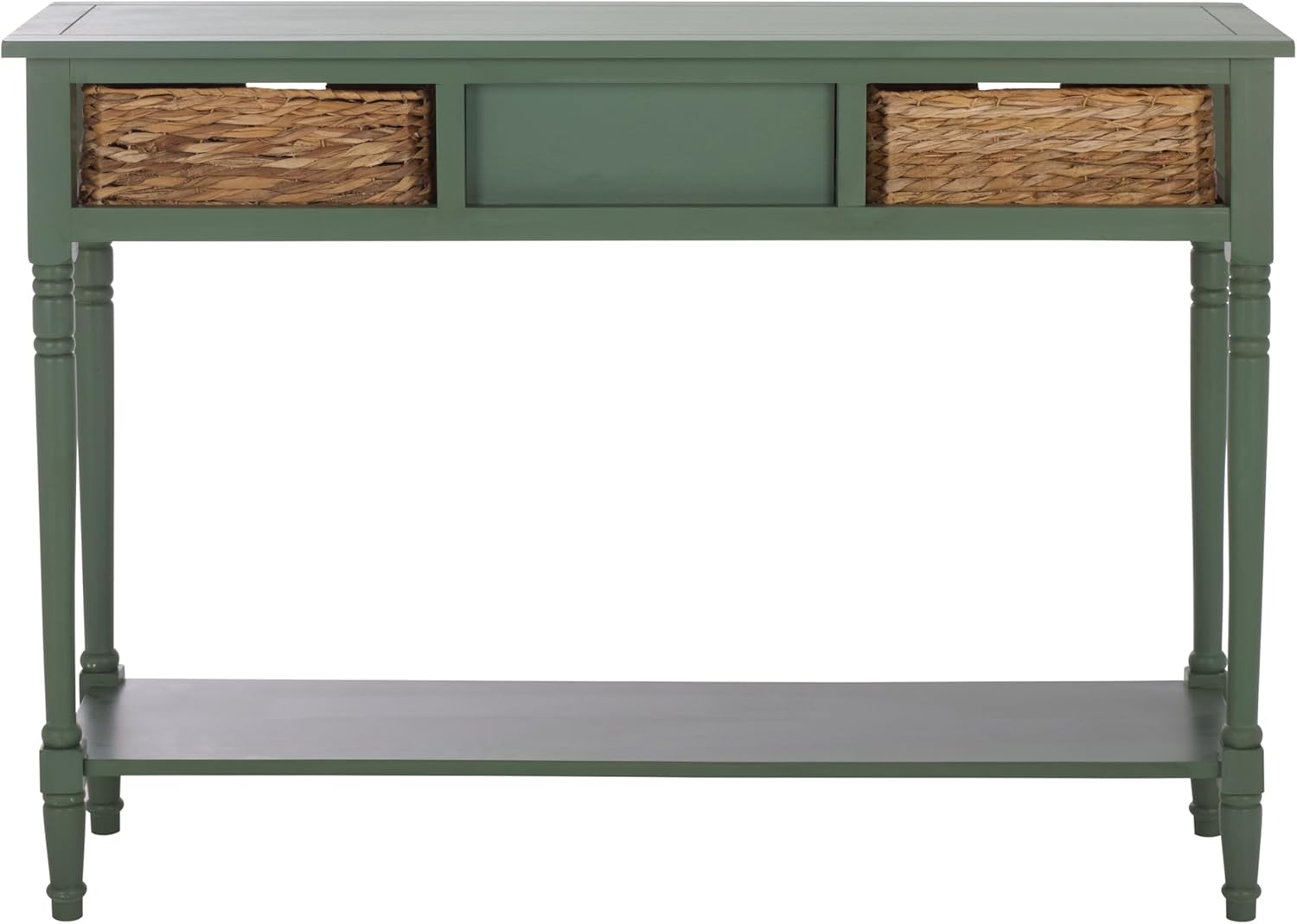 SAFAVIEH Home Collection - Christa Entryway Console Table, Dusty Green Solid Wood 3-Drawer Storage Sofa Table with Rattan Baskets (AMH5737J)