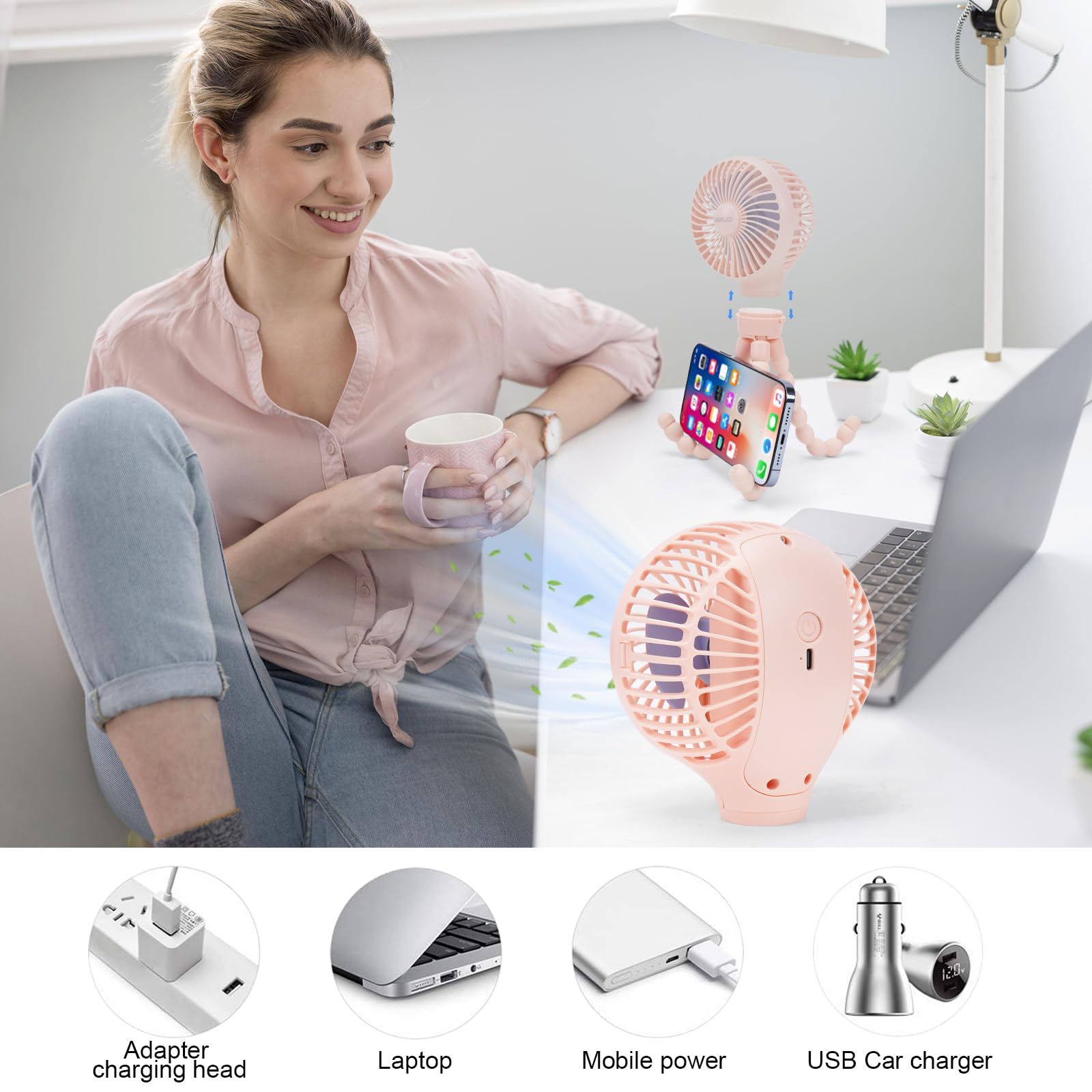 Ventilateur oscillant pour poussette portable et personnel - Mini siège de voiture portable - Batterie USB - Rechargeable - Pour bureau, extérieur, siège de voiture, berceau, vélo, tapis de course,