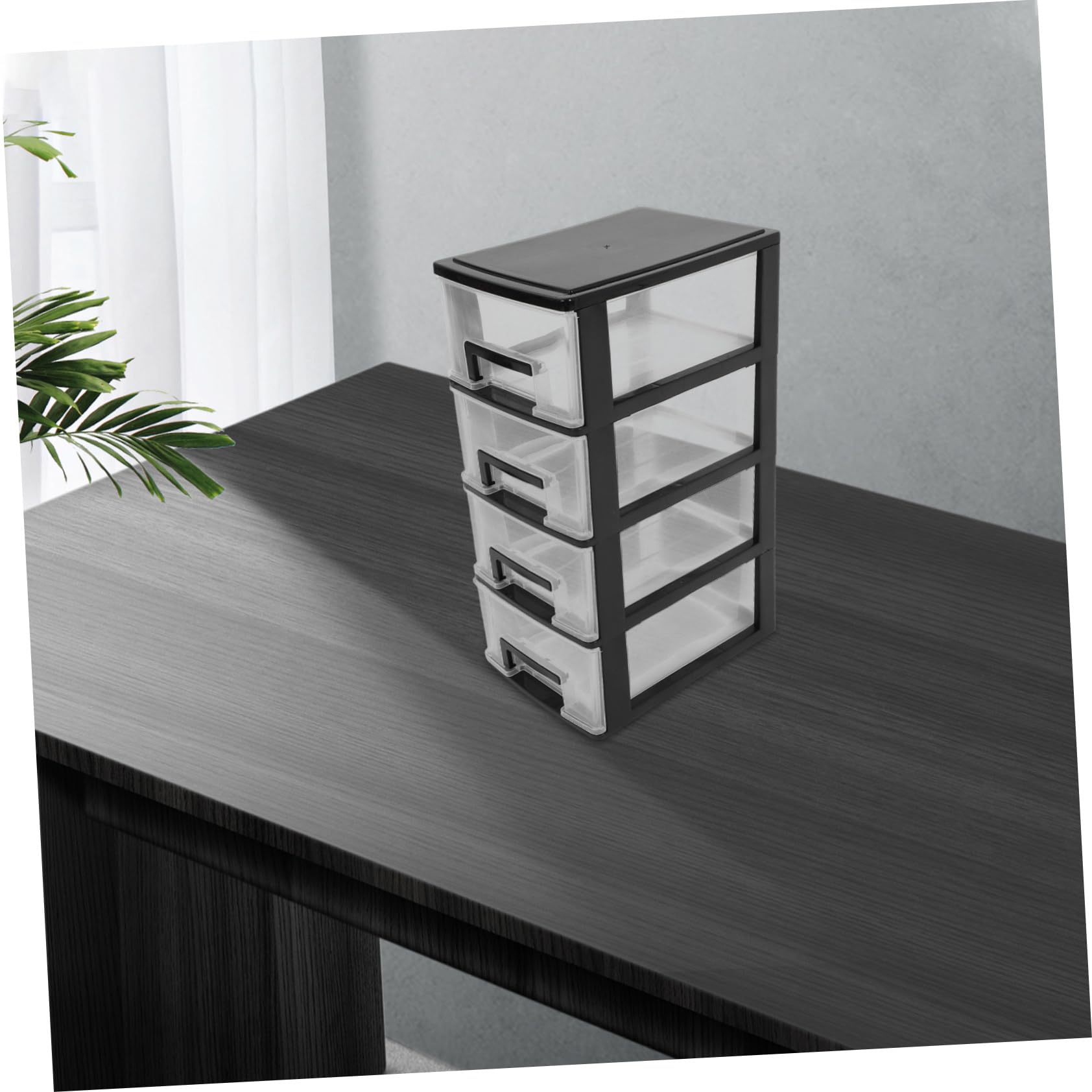 Mobiletto Cassetti in Plastica Trasparente Nero a 4 Strati, Contenitore Leggero e Compatto per Ufficio e Soggiorno, Organizer Semplice ed Elegante