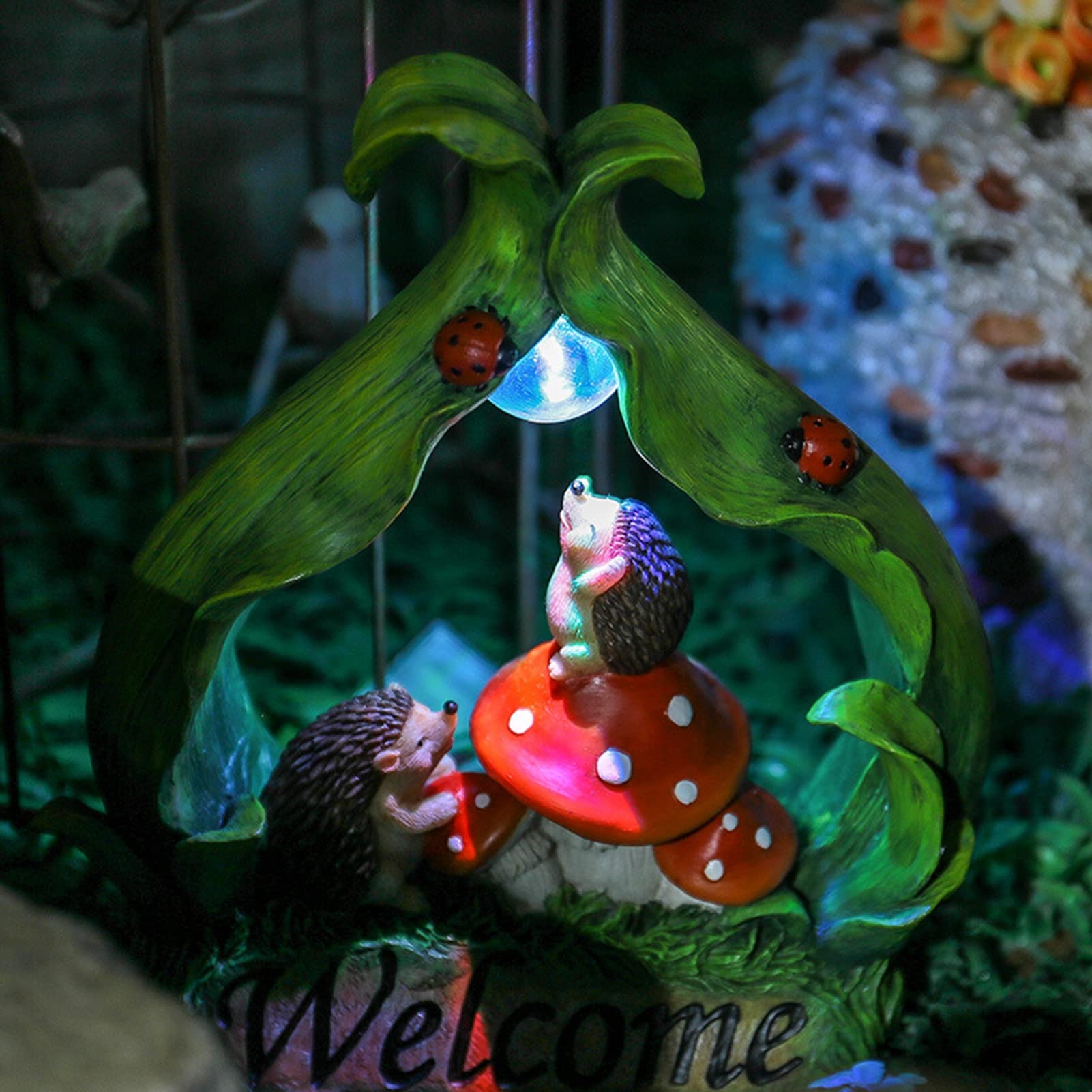 Lámpara Solar de Escultura, Luz de Noche Solar de Erizo,Luz de Bola de Cristal, Cartel de Bienvenida, Decoración para Jardín Césped Día De Navidad Fiesta Paisaje Luces