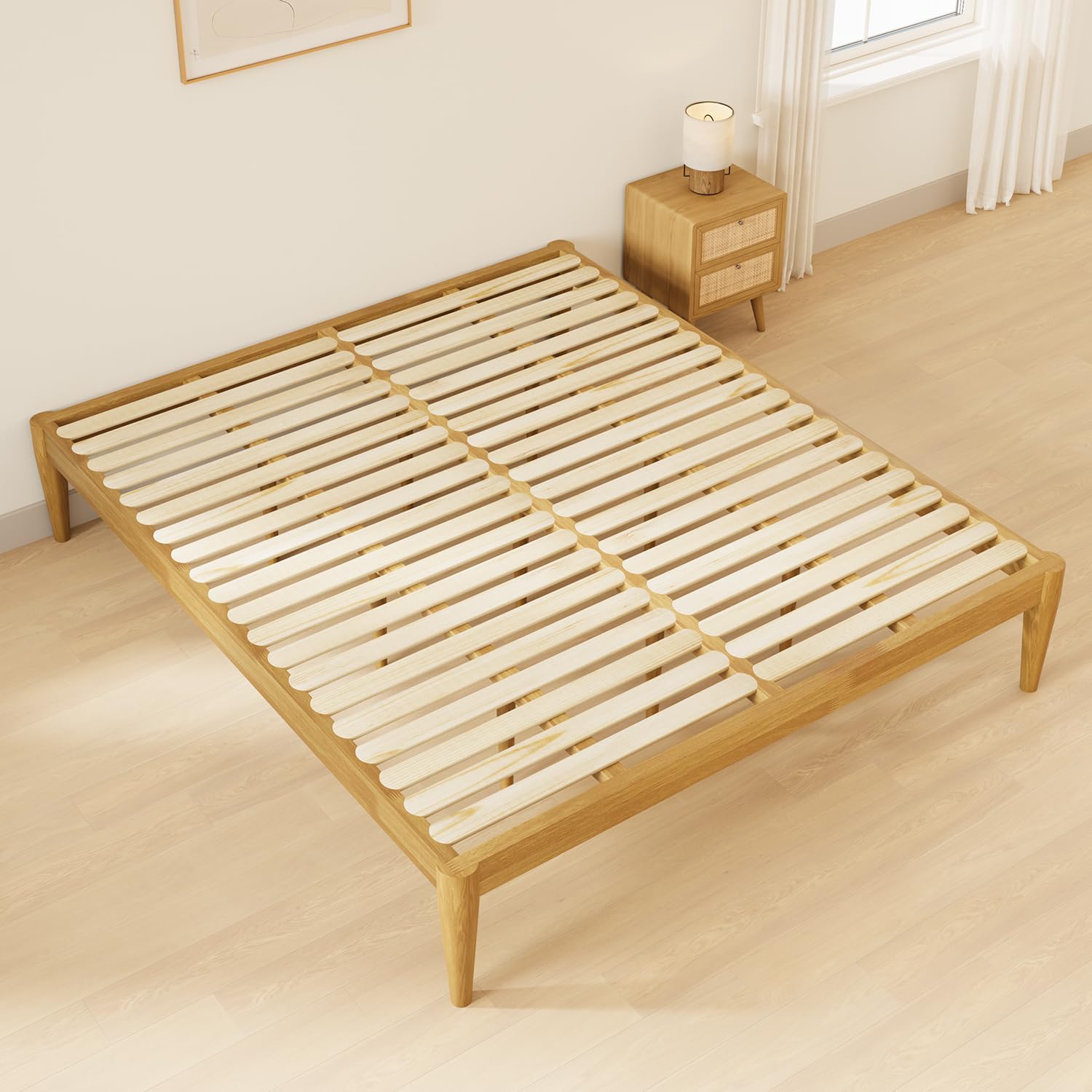 Photo 1 of IOTXY California-King Platform Bed Frame - Solid Wood 16-Inch Height Mattress Foundation Base with Densely Slats and Heavy-Duty Support Legs, No Box Spring Needed, Oak