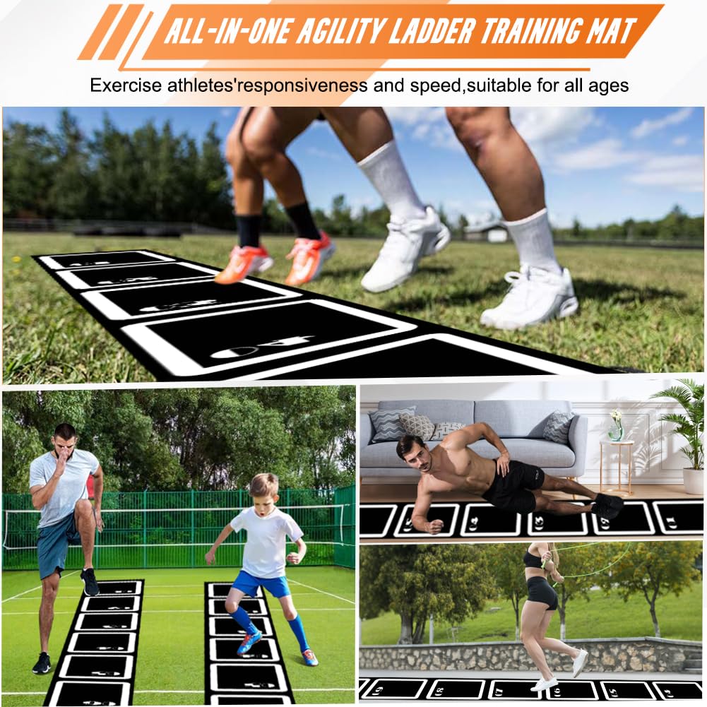 Agility Set:Fußballmatte Trainingsmatte, Fußball Trainingszubehör, 4.5m Fußball Schritt Trainingsmatte, mit 10 Hütchen und Aufbewahrungstasche, Trainingsset Equipment Zubehör Fußballtraining