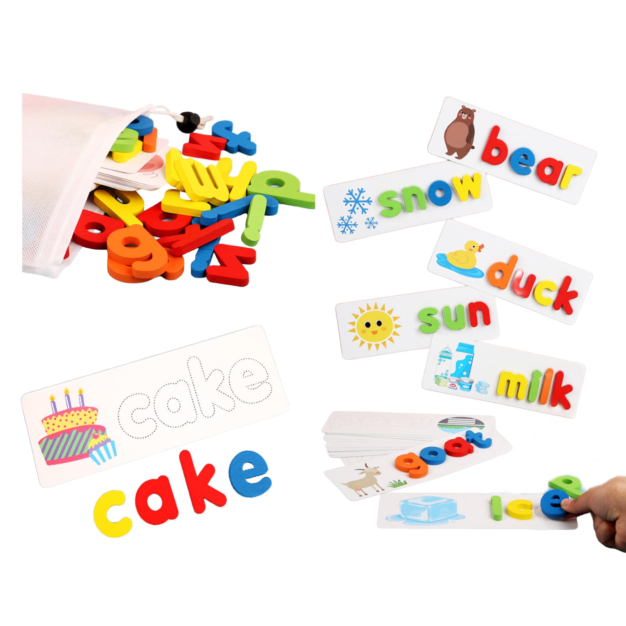 BEACENOV Toddler Reading and Spelling Learning Toys,52 Wooden ABC Alphabet & 28 Words Flash Cards,Montessori Preschool Learning Educational Toy,Letter Matching Game