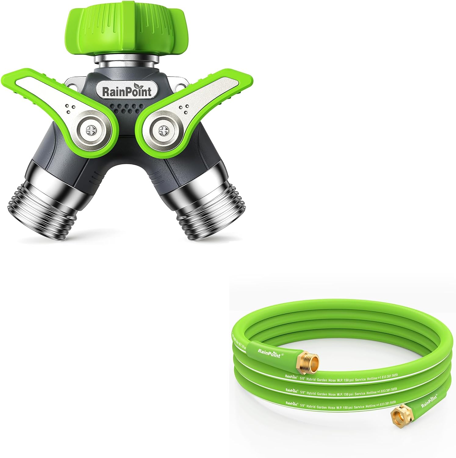 RAINPOINT Garden Hose Splitter 2 Way Heavy Duty & Garden Hose 15ft, 5/8", Male to Female