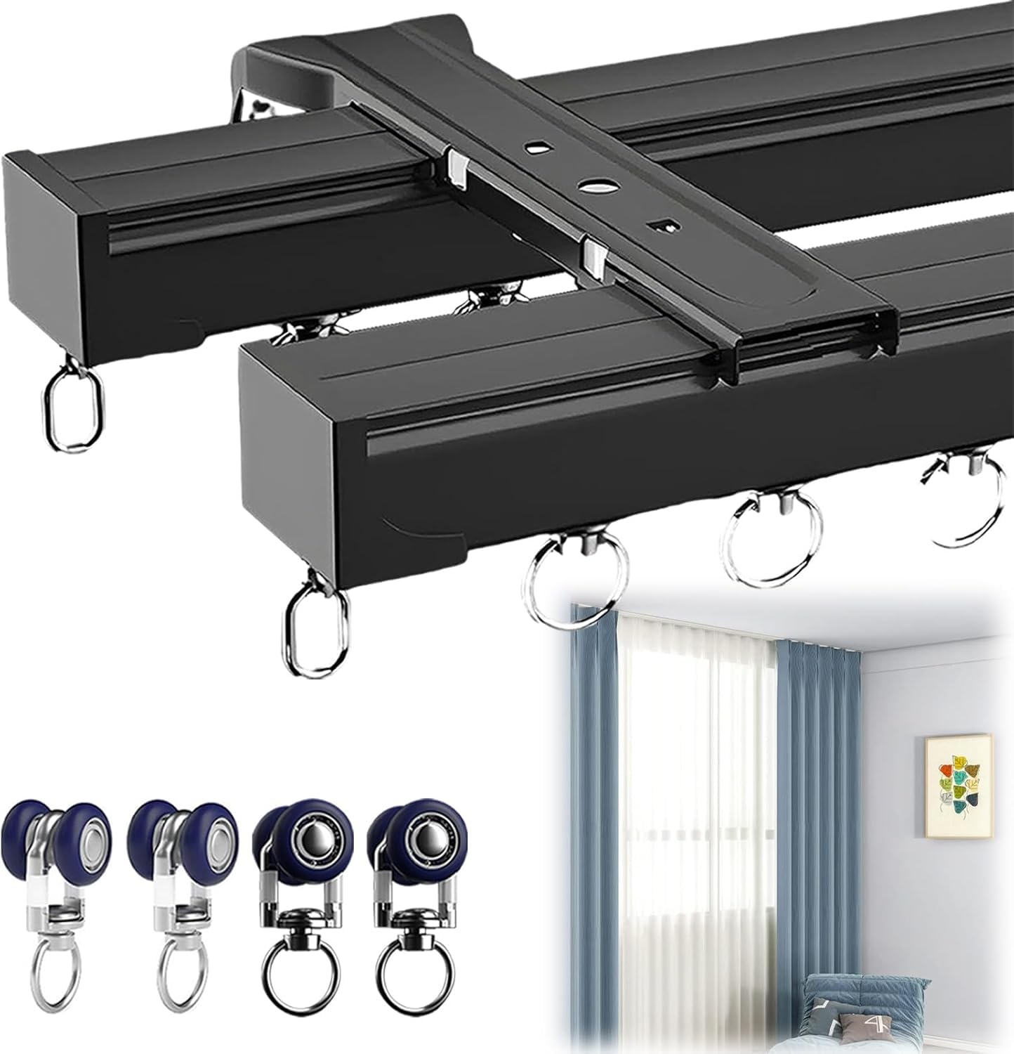 Ensemble de rails de rideau de plafond, séparateur de pièce en aluminium lourd avec double rails, comprend le matériel d'installation, les crochets à rouleaux et les embouts pour une séparation