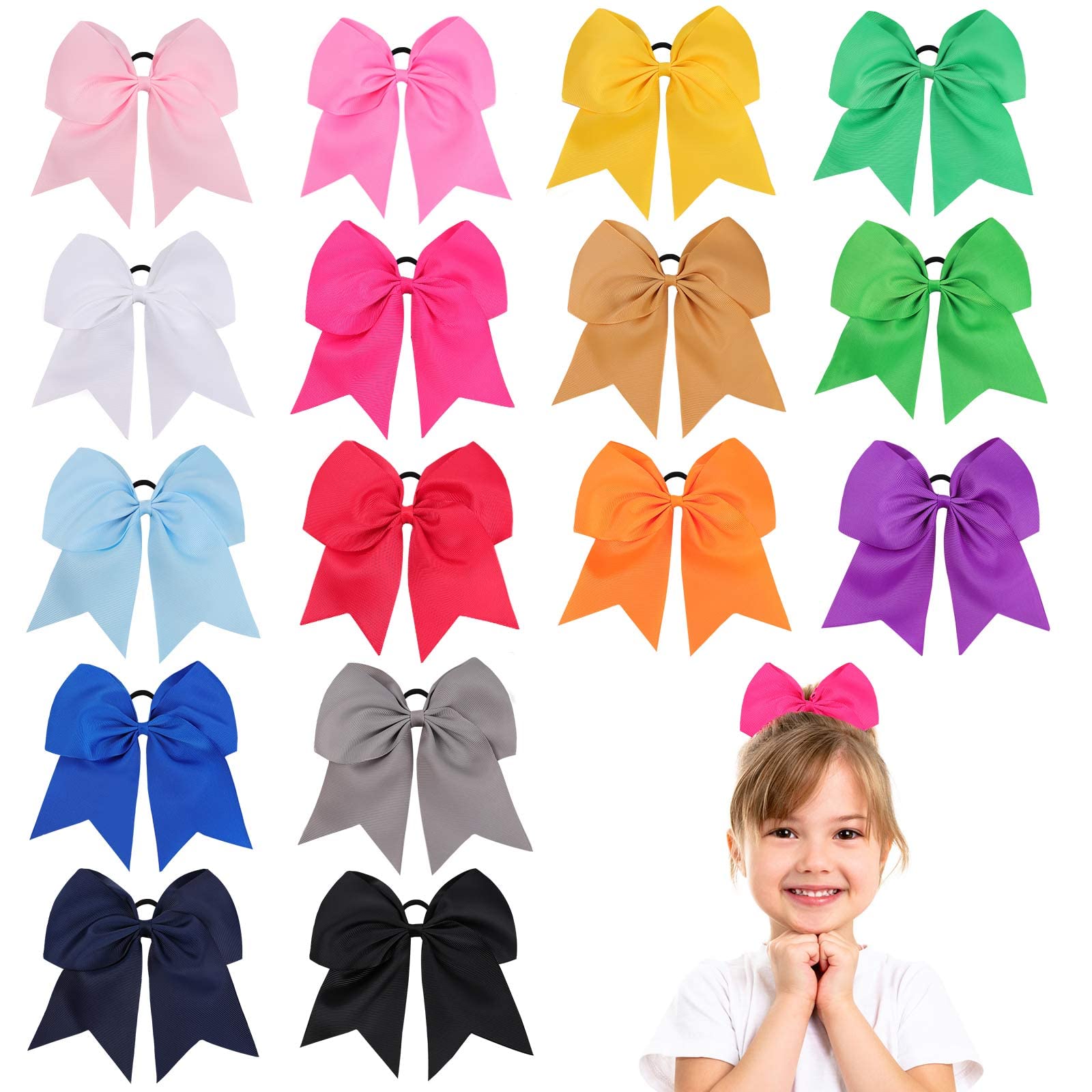 DEEKA 12PCS 8" Large Cheer Hair Bows Ponytail Holder Handmade For