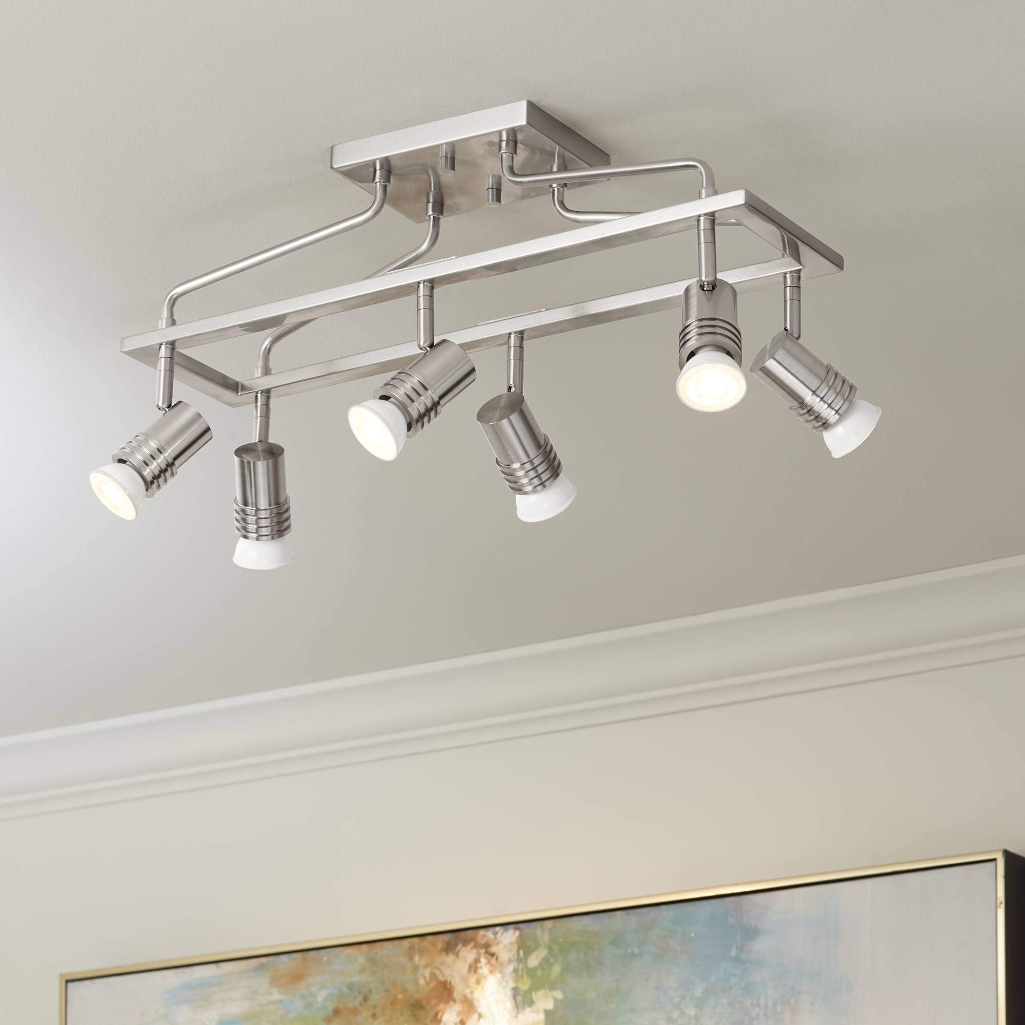 Pro Track Sven 6-Head LED Ceiling Track Light Fixture Kit Spot-Light GU10 Adjustable Silver Brushed Nickel Finish Metal Modern Cage Kitchen Bathroom Living Room Dining Hallway House 22" Wide