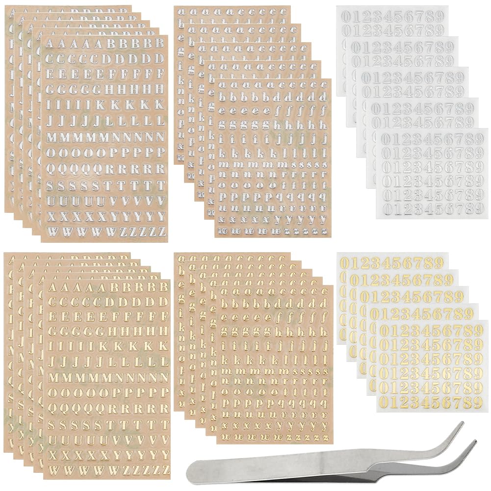 GORGECRAFT 30 Hoja de Pegatinas de Números Del Alfabeto con Pinzas Pegatinas de Alfabeto de 3mm Pegatinas de Números de Metal Dorado Y Plateado Pegatinas Autoadhesivas para Arte de Uñas Manualidades