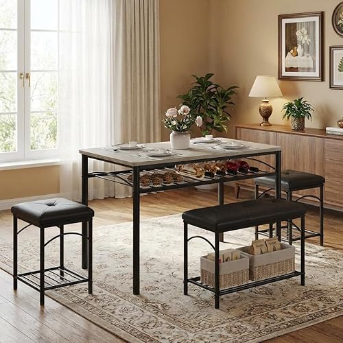 Miniatura 9 de GarveeHome Juego de mesa de comedor para 4 personas con bancos tapizados y 2 taburetes, moderna mesa de desayuno de cocina que ahorra espacio, ideal