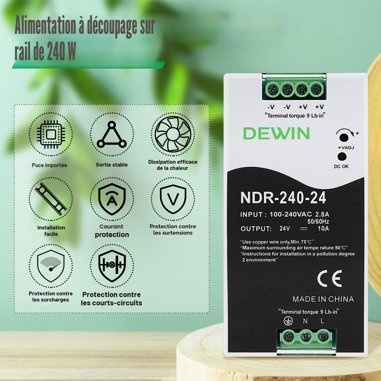 Alimentation sur rail din 24V 10A 240W bloc d'alimentation pour rail din transformateur Entrée AC100-240V 2.8A sortie DC24V 10A alimentation à découpage industrielle NDR-240-24