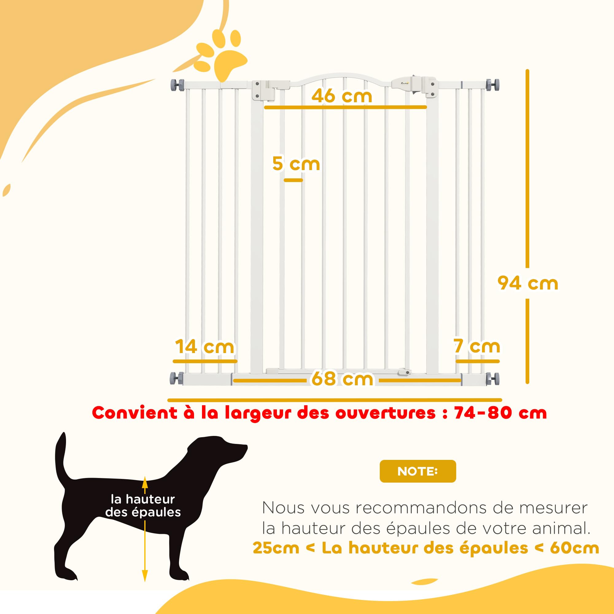 PawHut - Barrera de Seguridad para Perros Extensible 74-100 cm, Barrera de Escalera de fijación por presión sin taladrar, Doble Bloqueo de Cierre, Cierre automático, Altura 94 cm, Color Blanco | Barrera de escalera de fijación por presión sin taladrar, do