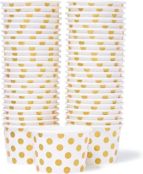 MATICAN Paper Ice Cream Cups - 50-Count 9-Oz Disposable Dessert Bowls for Hot or Cold Food, 9-Ounce Party Supplies Treat Cups for Sundae, Frozen Yogurt, Soup, Gold Foil Polka Dots