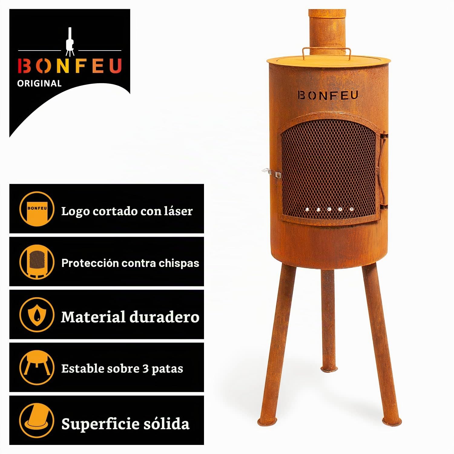 BonFeu BonGiano SP Óxido - Estufa de Leña Exterior - Chiminea Exterior - 30x30x142 cm
