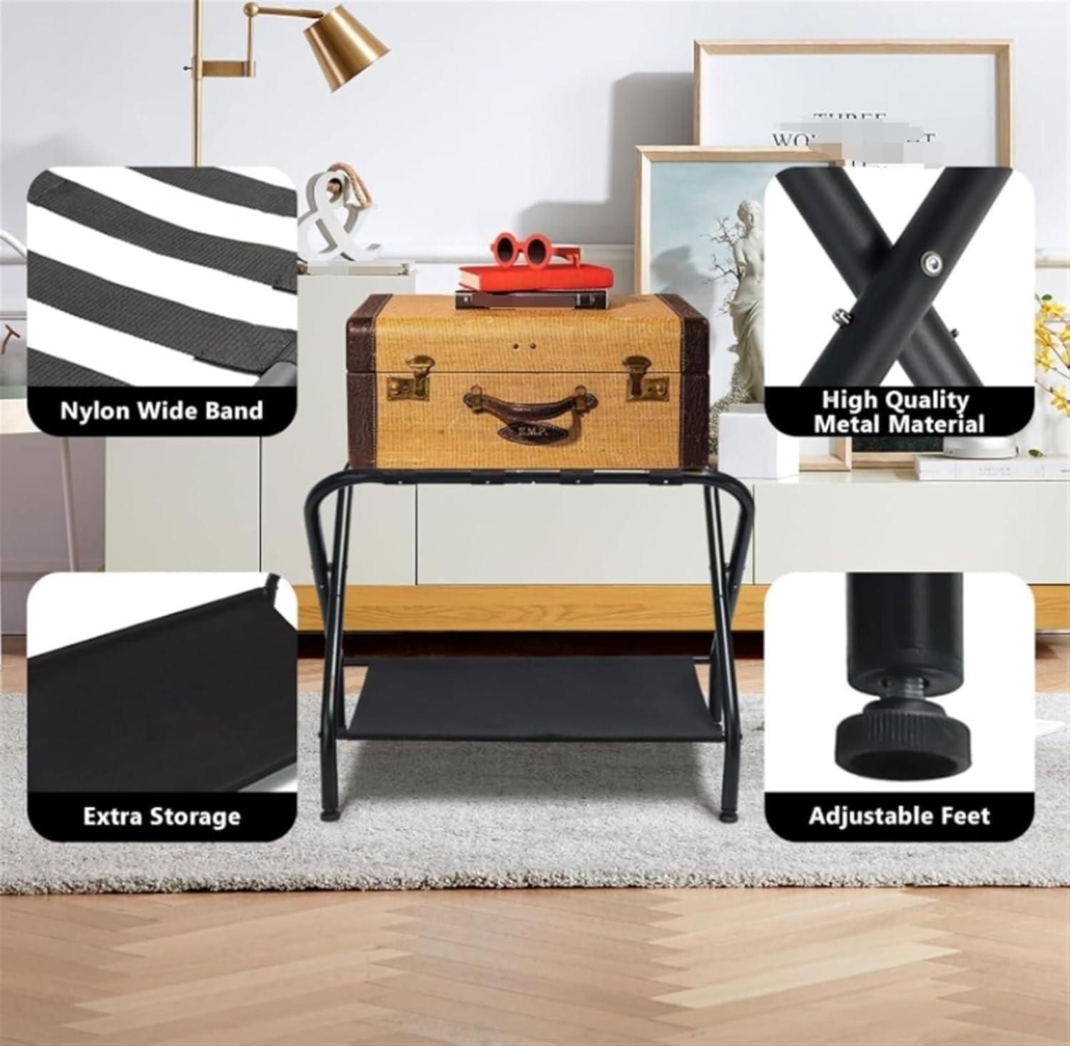 Rack,Folding Luggage Racks Carbon Steel Suitcase Stand with Storage for Guest Room Bedroom Hotel Bedroom Hotel