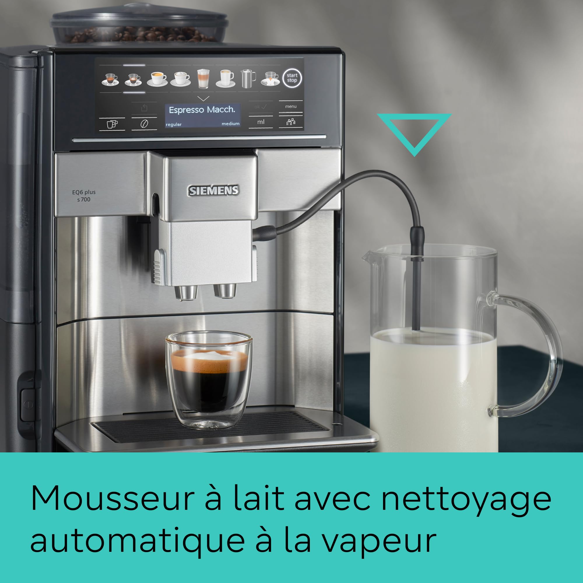 Siemens, machine à café automatique, système de lait, 12 boissons, nettoyage automatique du système de lait, broyeur en céramique, large écran tactile, EQ6 plus s500, TE655203RW