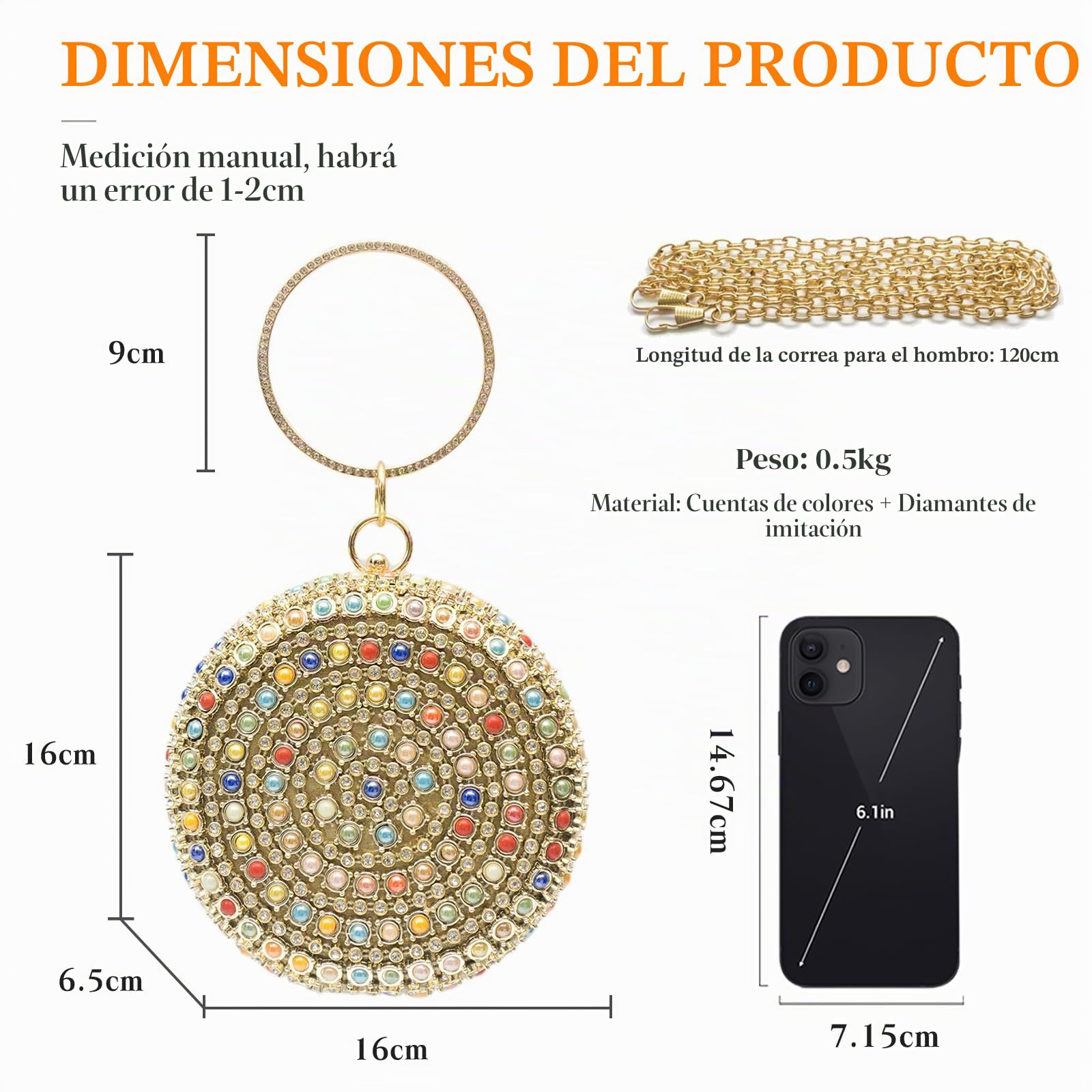 Bolso de Fiesta con Bola Redonda para Mujer Diamantes de Imitación Clutch Bolso de Boda Elegante Bolsa de Noche con Cuentas Bolso de Hombro Pequeña Formal Boda Banquete Bolsos Bandolera