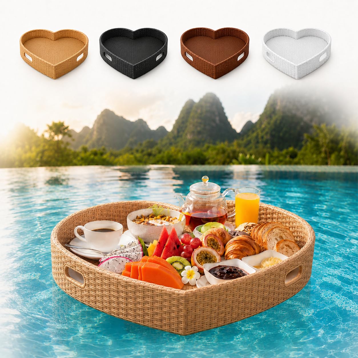 Vassoio Colazione Galleggiante, 60 x 20 cm, 4 Colori, Anima in Schiuma HeartBeige | Rattan PE Intrecciato, Telaio in Alluminio, Bordo Alto e 2 Manici Restano Stabili, Resistono all’Acqua e si Puliscono Bene.