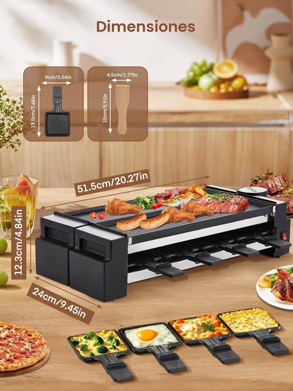 FOHERE Raclette 8 Personas, 1400W Raclette Grill Electrico con Parrilla Antiadherente y 8 Placas, Parrilla Eléctrica Giratoria, Adecuada para Familias y Fiestas