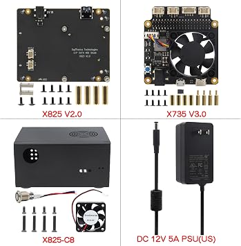 Geekworm X825 V2.0 2.5 inch SATA HDD/SSD Board + X735 Power Management Board + Metal Case with Power Switch and Cooling Fan + DC 12V 5A PSU Kit for Raspberry Pi 4 Not Include Raspberry Pi 4