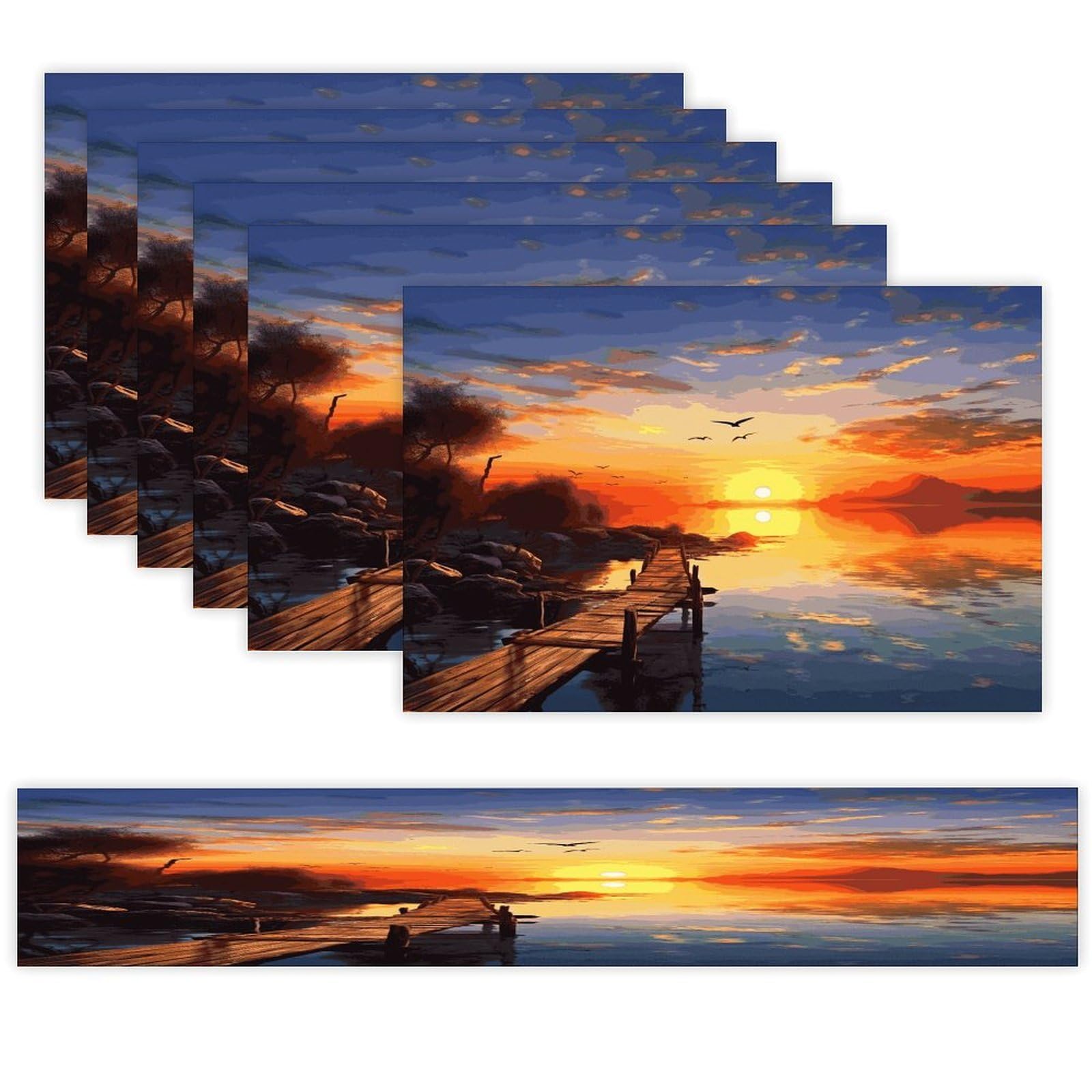 Sunset Scenery Table Runner and Placemats Set of 6 for Kitchen Washable Table Mats Heat Resistant Place Mats Non-Slip Place Mat Wipeable Placemat(6 Placemats+1 Table Runner)