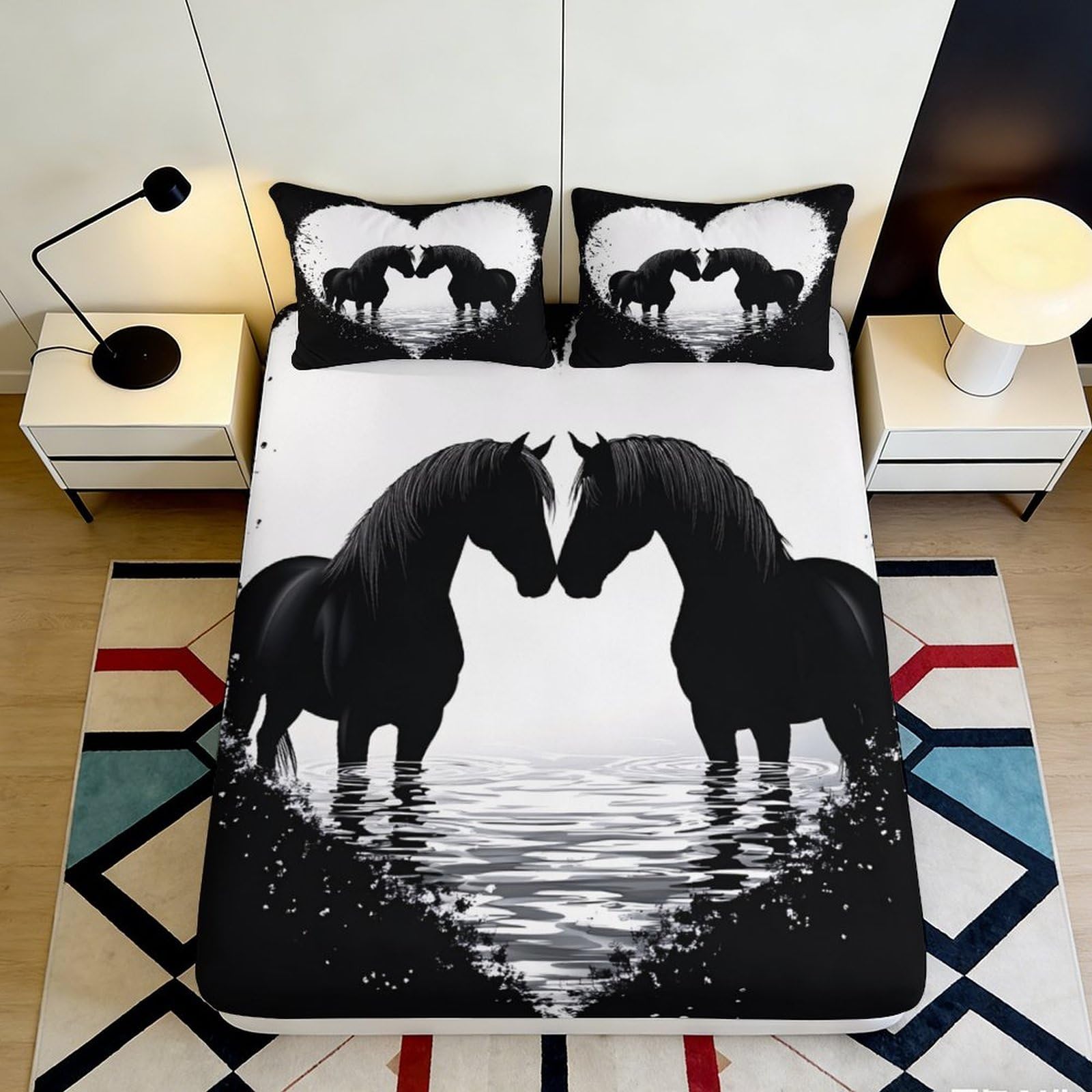 3D Printed Black Horse Reflection Fitted Sheet Microfiber Soft Anti-Slip Mattress Cover Bedroom Decor Machine Washable 140x200x25cm