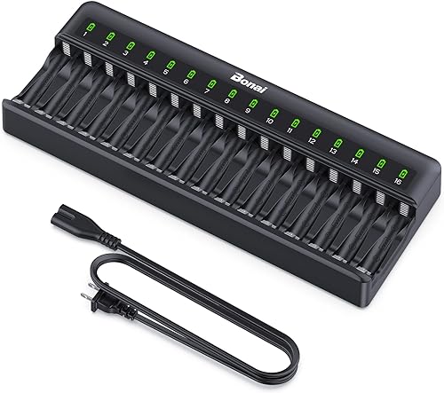 BONAI AA AAA Battery Charger 16 Bay for NiMH Rechargeable Batteries Independent Control with LED Light and Standard American AC Charging Plug, Battery not Included - Black