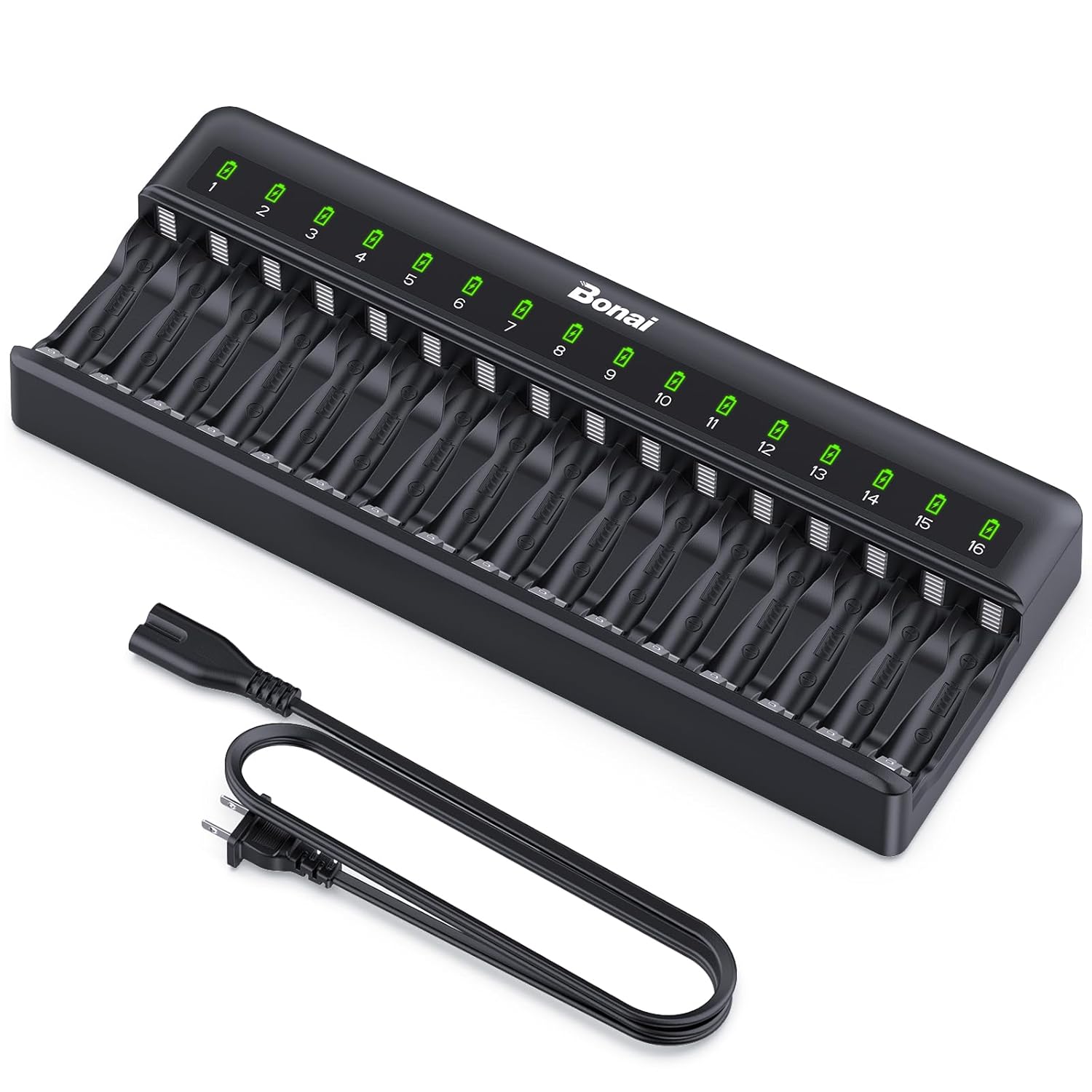 BONAI AA AAA Battery Charger 16 Bay for NiMH Rechargeable Batteries Independent Control with LED Light and Standard