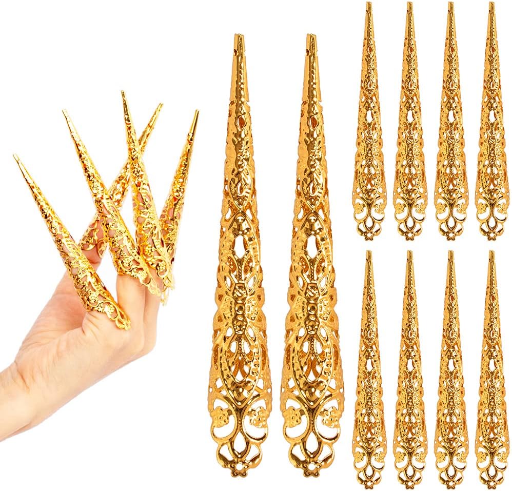 10 Pack Finger Nail Tip Claw Rings, Ancient Queen Costume Fingertip Claw Nail Rings Decoration Accessory, Colorfast, -proof and, for Cosplay Drama Dance Show (gold)