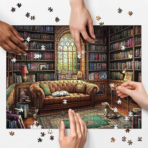 Miniatura 4 de Rompecabezas de biblioteca vintage de 1000 piezas para adultos y familias, desafiante escena acogedora con sofá de cuero (27.56 x 19.69 pulgadas)