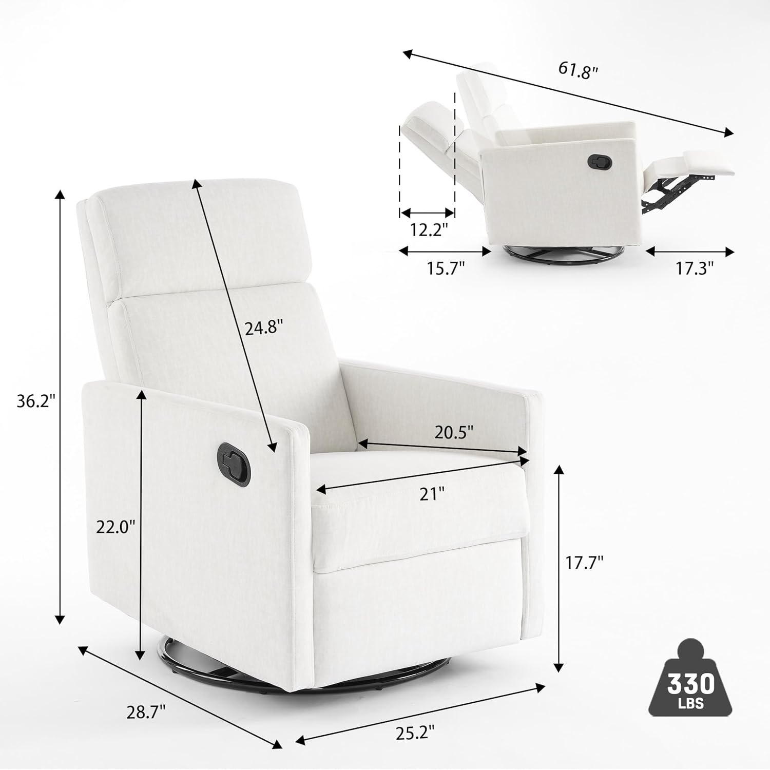 Swivel Rocking Recliner Chair for Adults, Rocker Nursery Glider Chair for Living Room, Upholstered Fabric Reclining Single Sofa Chair(Beige)