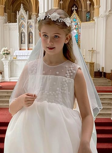 Miniatura 3 de Floral Fall Primera Comunión Flor Niñas Arco Velo de Boda Corona de Flores Blancas Perla Rhinestone Floral Corona