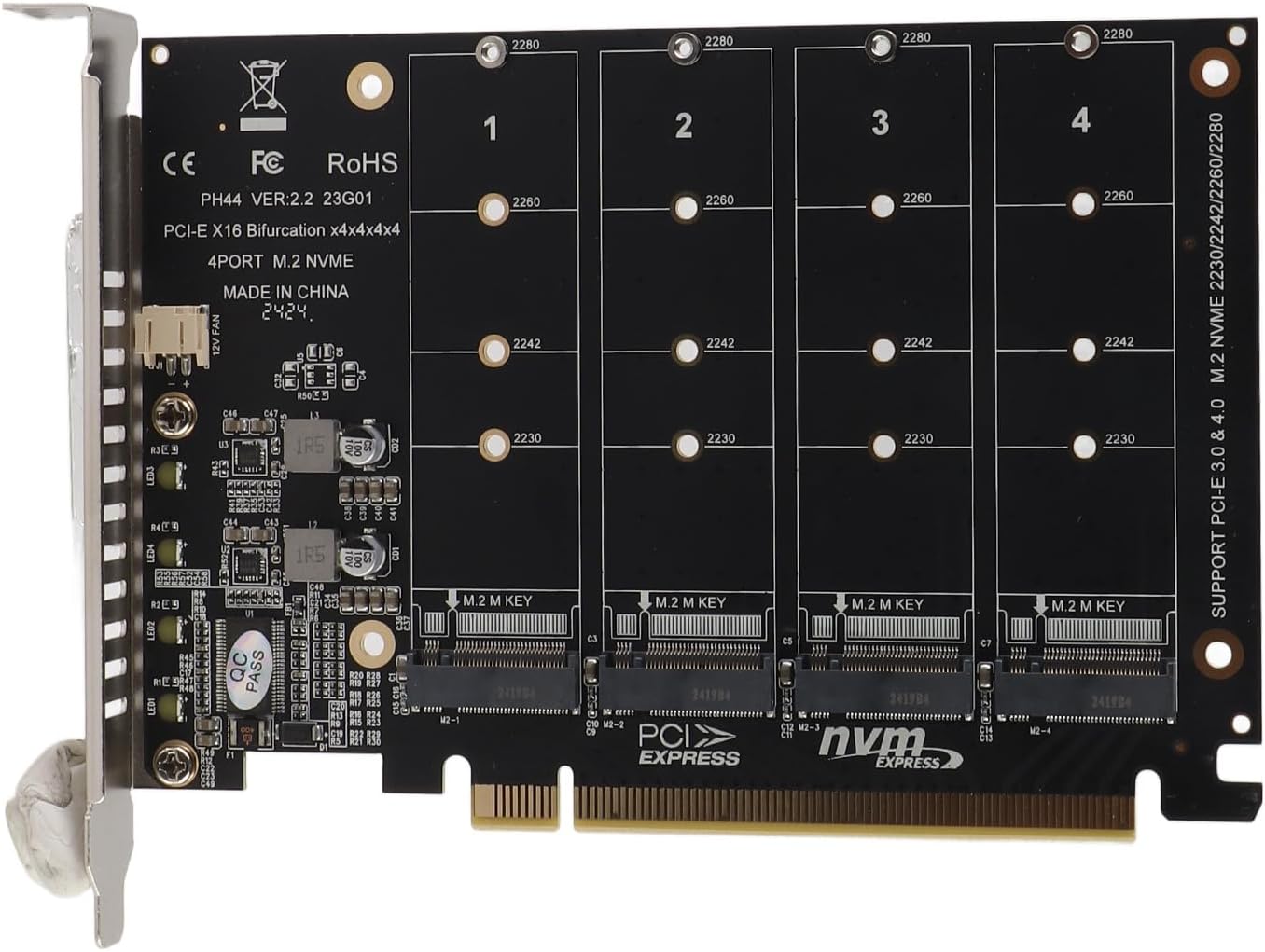 M2 NVMe SSD to PCIE X16 Adapter Card, 4 Port M Key Hard Drive Converter Reader Expansion Card with 4 LED Indicators, Supports PCIE 3 0, 4 0 Protocol(ph44)