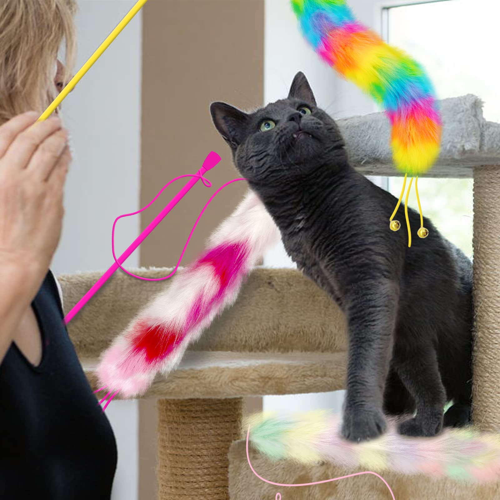Paquete de 3 juguetes de varita de gato, juguetes de plumas de gato arcoíris con campanas, varita de gato con cola peluda suave, juguetes interactivos para gatos y gatitos de interior
