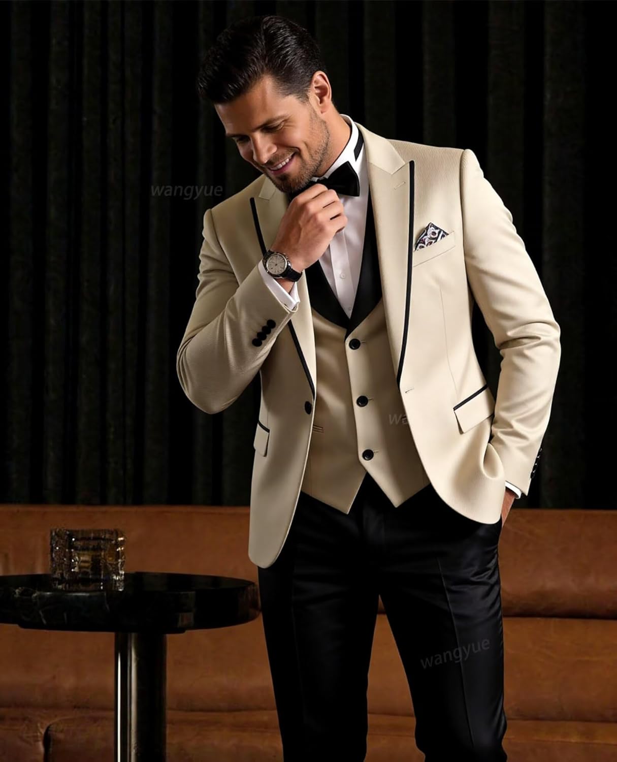 Wangyue 3 Piece Mens Suit Regular Fit Wedding Tuxedo for Men Prom Suits Blazer Vest Pants Formal Fashion Tuxedo Set