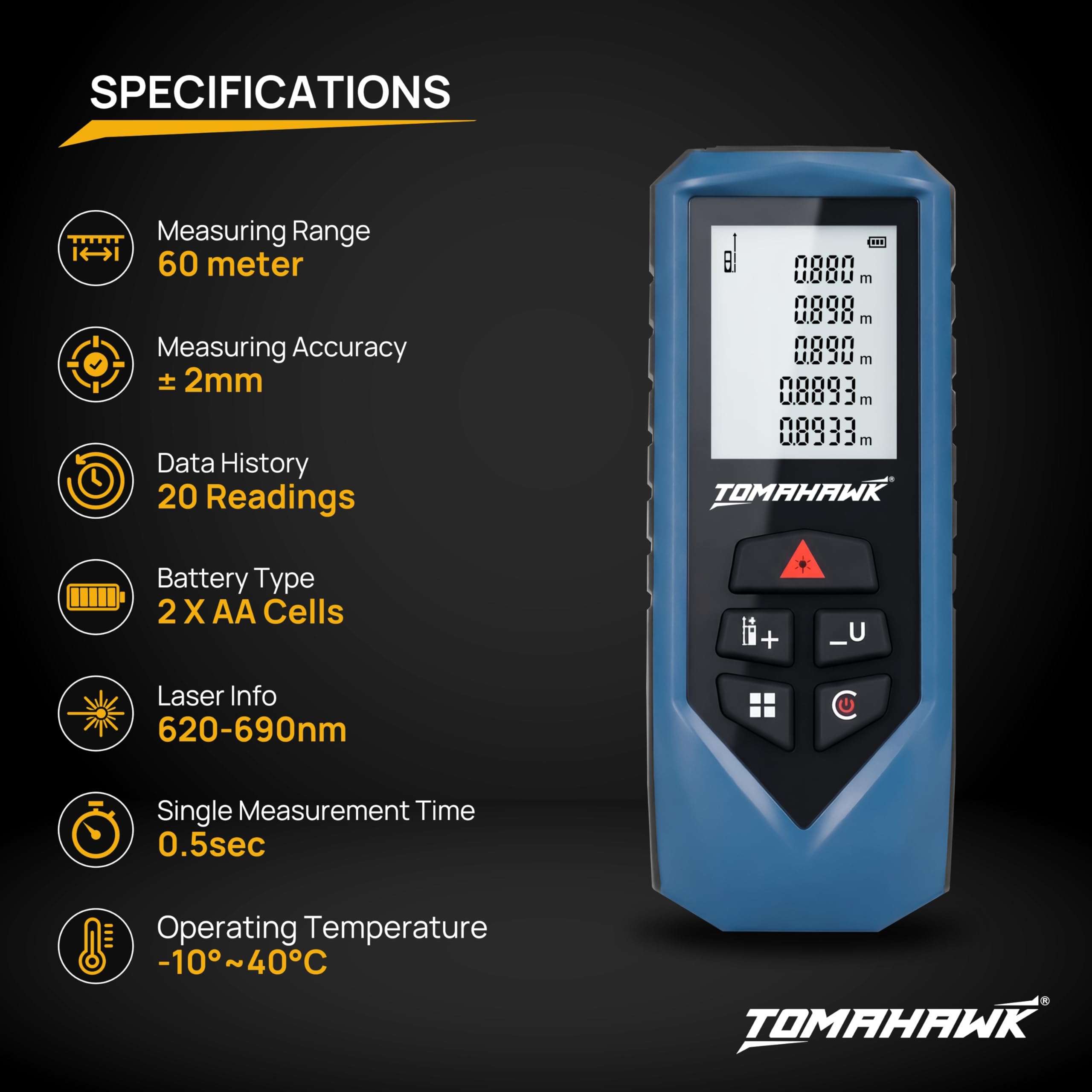 TOMAHAWK® TFR-0600 LT Laser Distance Measurer, 60m/194ft Range | Laser Class 2, Range up to 60 m, ±2 mm | Versatile Laser Measuring Device | IP54 Waterproof Level | Backlit LCD, Batteries Included 3