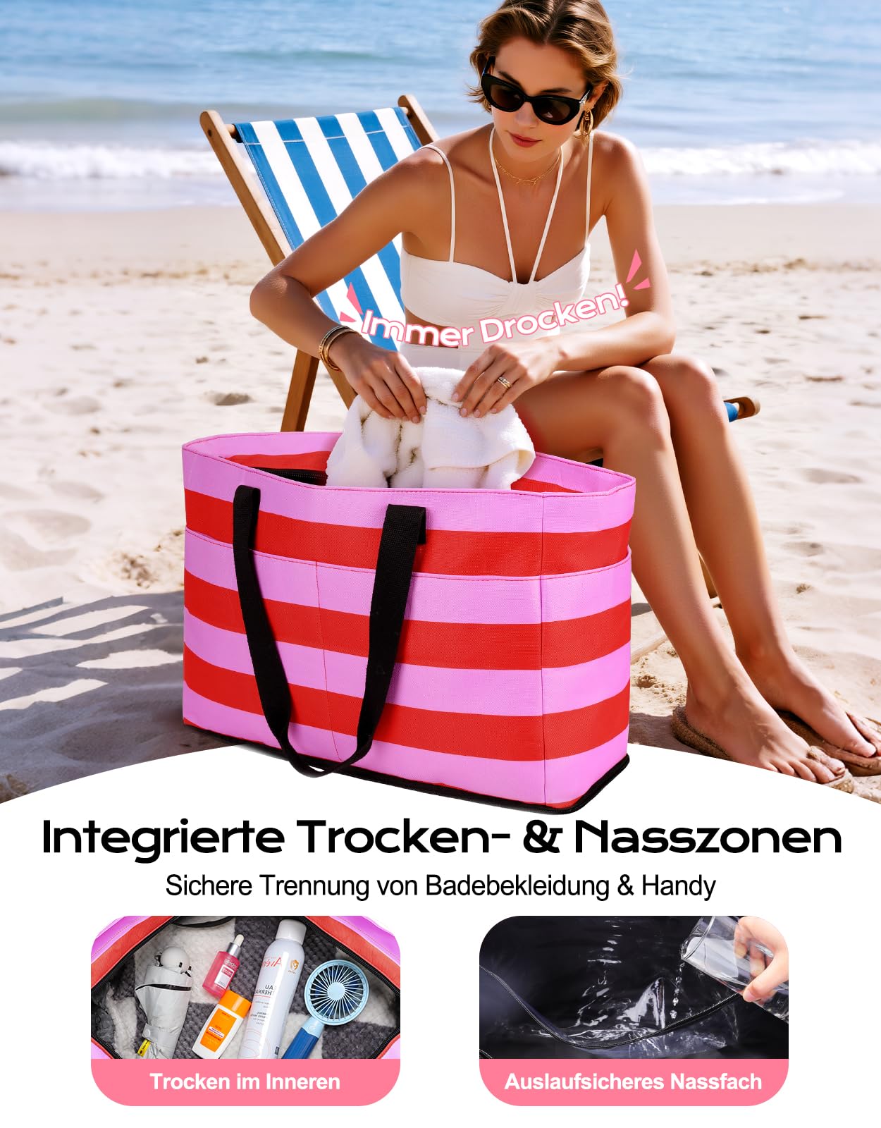 CIRYCASE Strandtasche XXL Familie mit Kühlfach, 54L Große Badetasche Strandtasche mit Reißverschluss & Nassfach, Faltbare Wasserdicht Beach Bag Mädchen Handtasche Shopper Damen für Reisen/Fitness/Pool