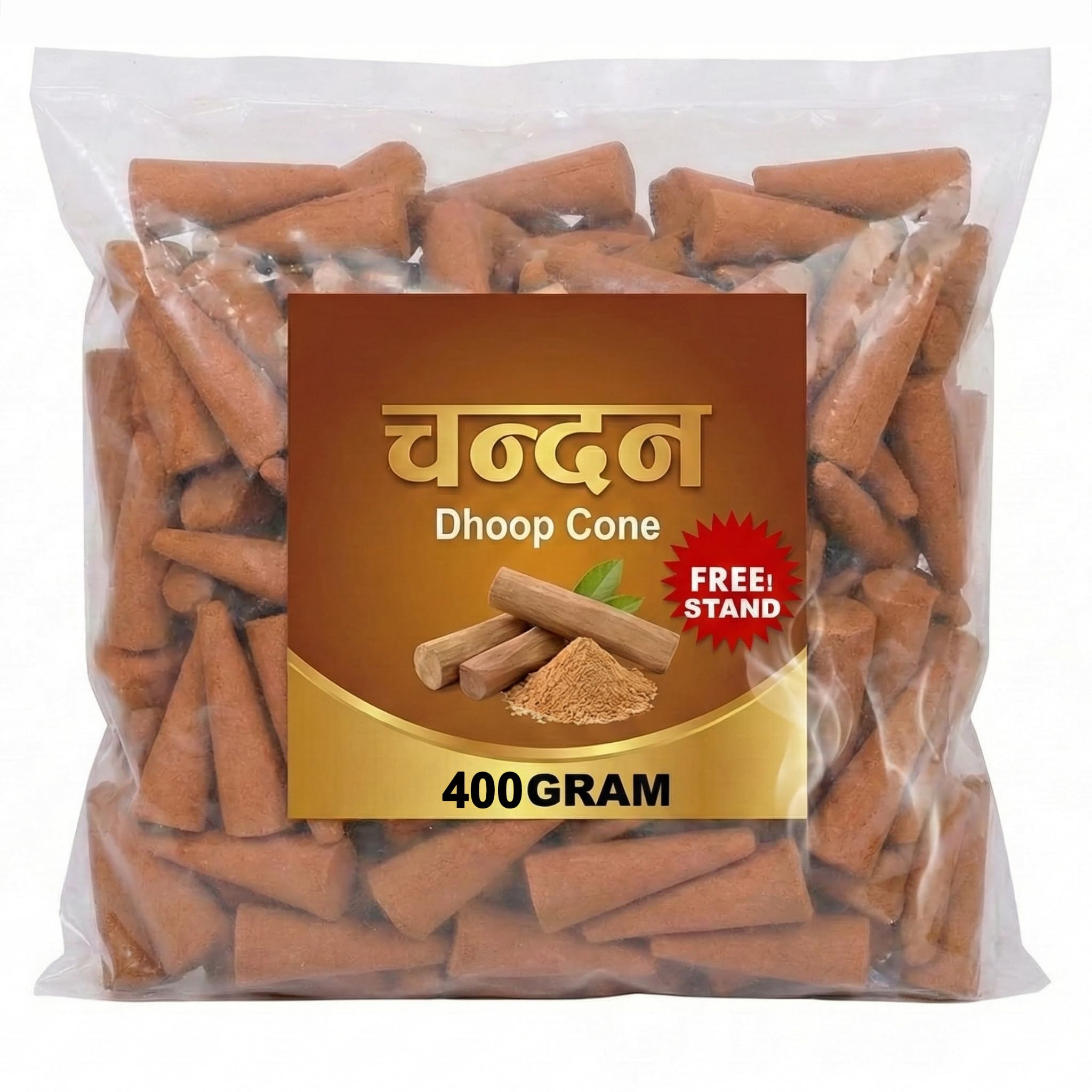 Deepakriti Premium Chandan Dhoop Cones (400 Pack) | Natural Sandalwood Fragrance Incense Cones with Free Holder Stand | Pure Dhoop Batti for Puja, Meditation & Home Fragrance (400GRAM, Sandalwood)