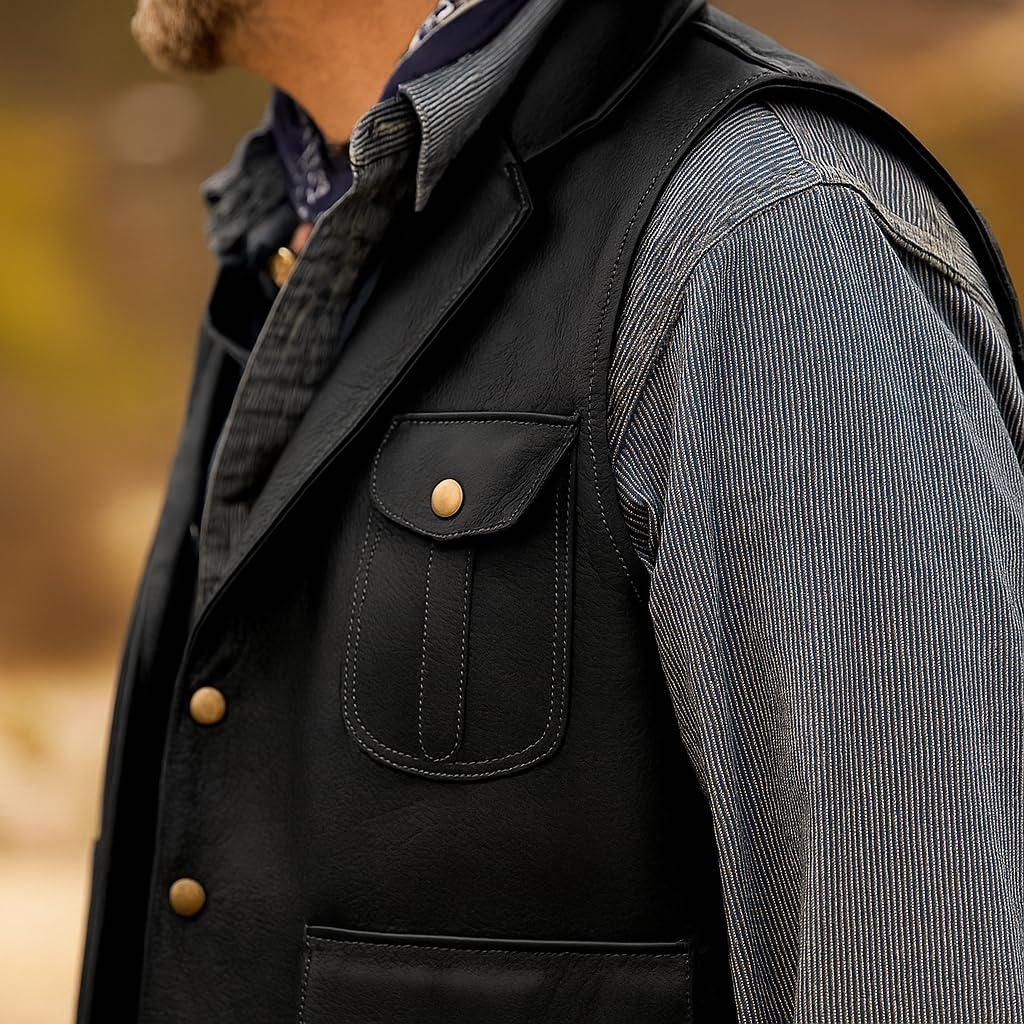 Men Genuine Cowhide Leather Brown Vintage Waistcoat, Western Sleeveless Vest Cowhide - Image 2