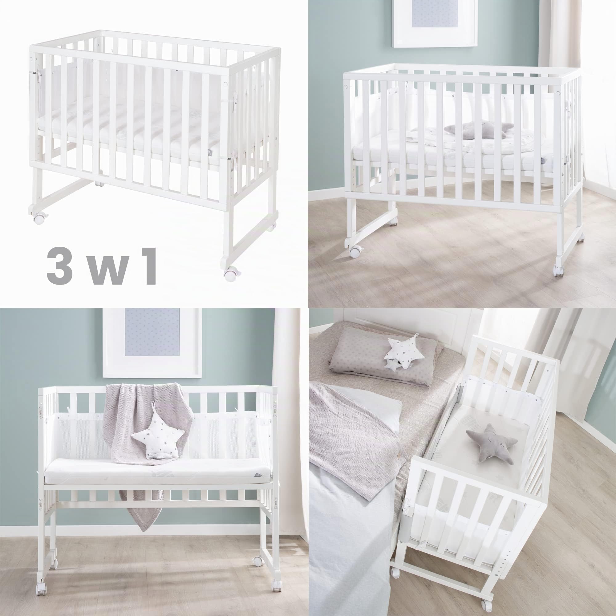 roba Łóżeczko pokojowe i przyścienna kołyska safe asleep 3 w 1-45 x 90 cm - Regulowana wysokość - Siatkowa otoczka - Zestaw łóżeczka dla niemowląt - Drewno w kolorze białym