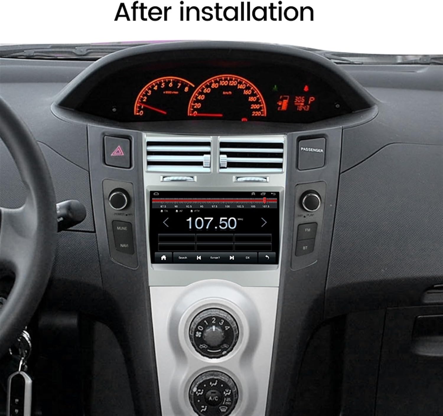 Image showing the MZZYG Car Multimedia Player installed in a car dashboard.
