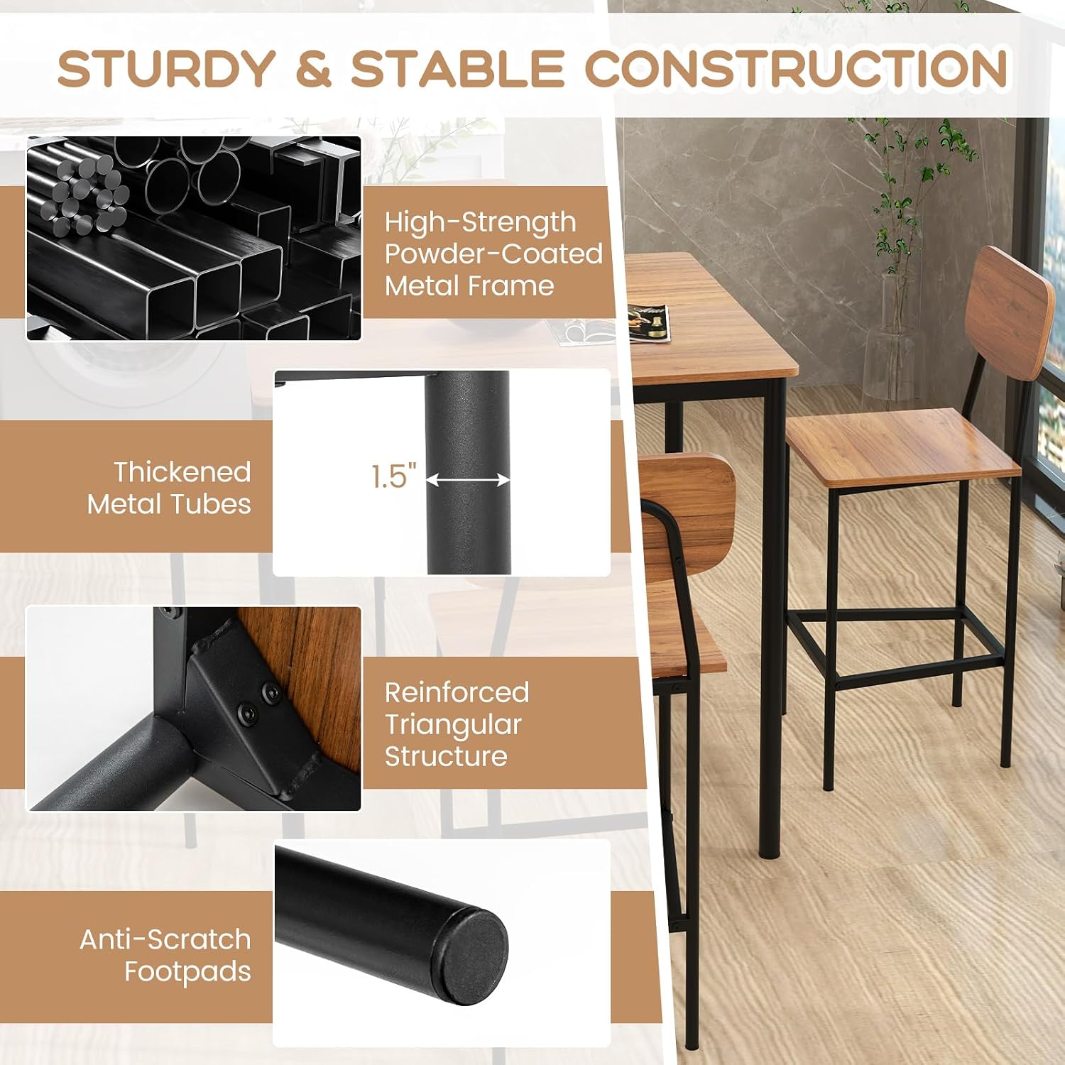 POWERSTONE 5 Piece Dining Table Set, Kitchen Table and Chairs for 4, Industrial Counter Height Dining Table and 4 Bar Chairs Dinette Set with Metal Frame for Pub Dining Room Restaurant Dark Brown