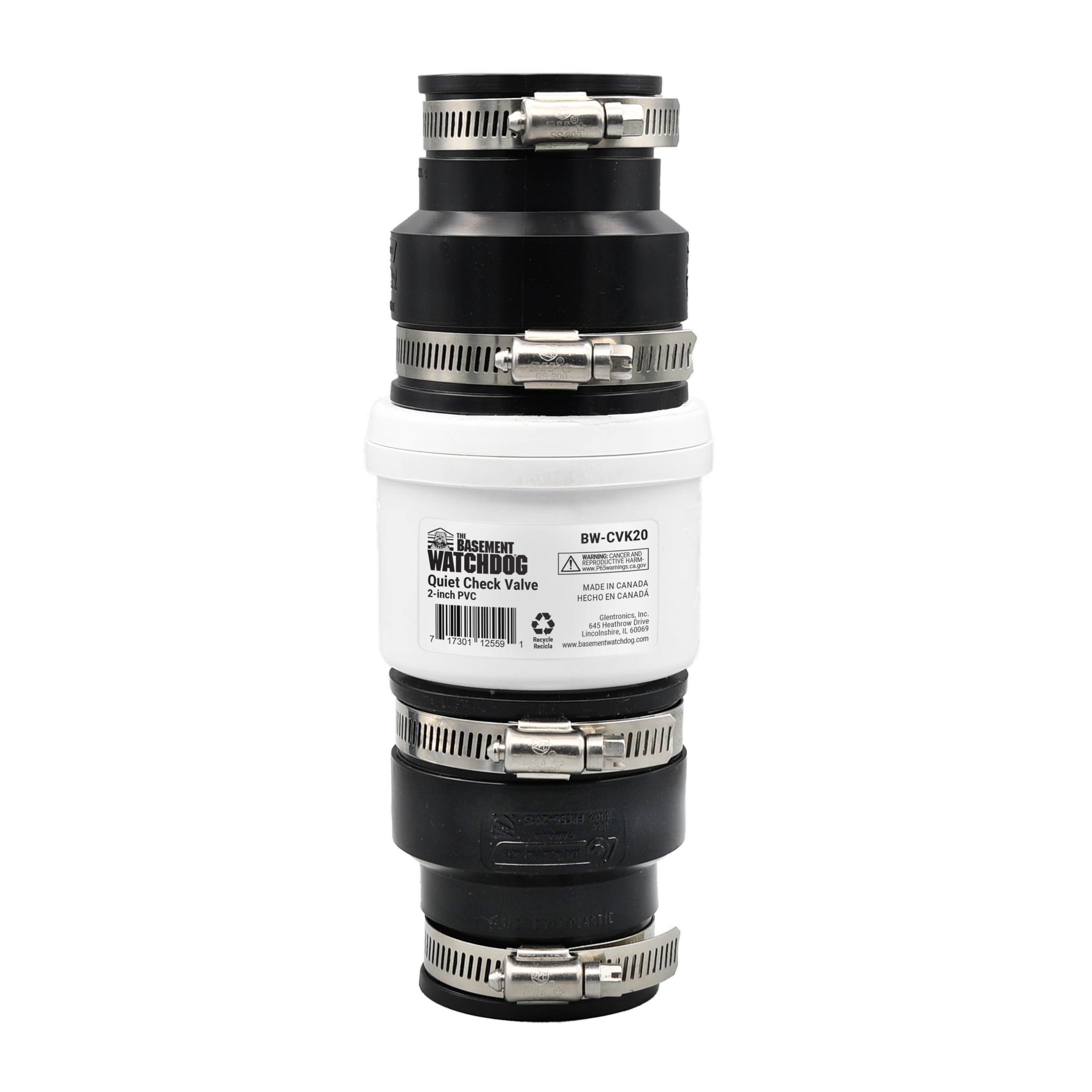 THE BASEMENT WATCHDOGQuiet Sump Pump Check Valve, Durable 2-Inch PVC with Rubber Unions, Easy to Install, Stable Installation, Stainless-Steel Hose Clamps