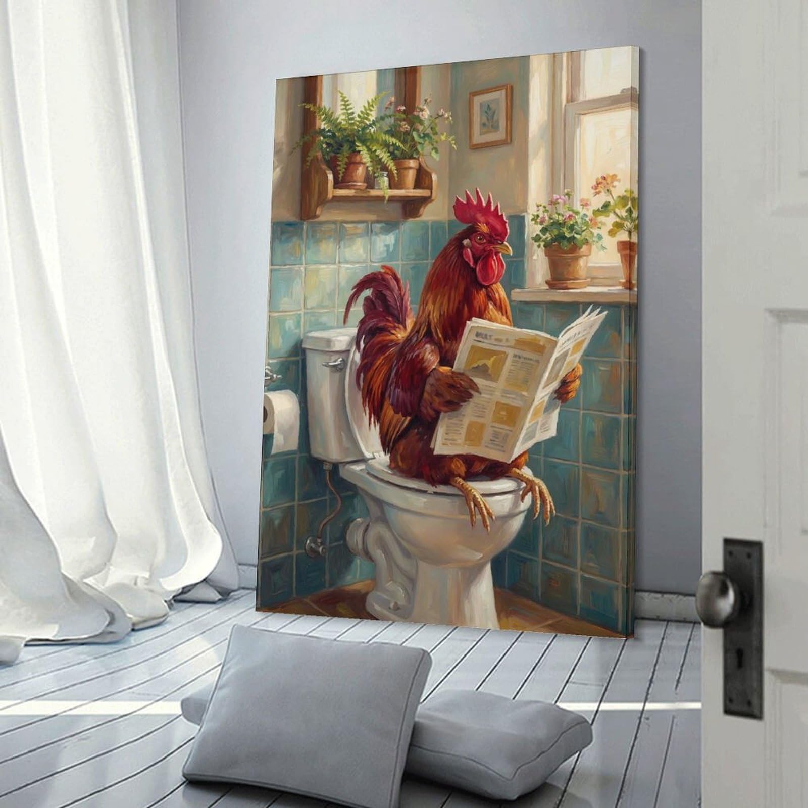 Junmoney Frame-Style-17 Rooster Reading Newspaper On Toilet Wall Decor Canvas Print, 12X18inch(30X45cm), For Lounge, Bedroom Or Personal Spaces, Thoughtful Wall Decor For Art Lovers