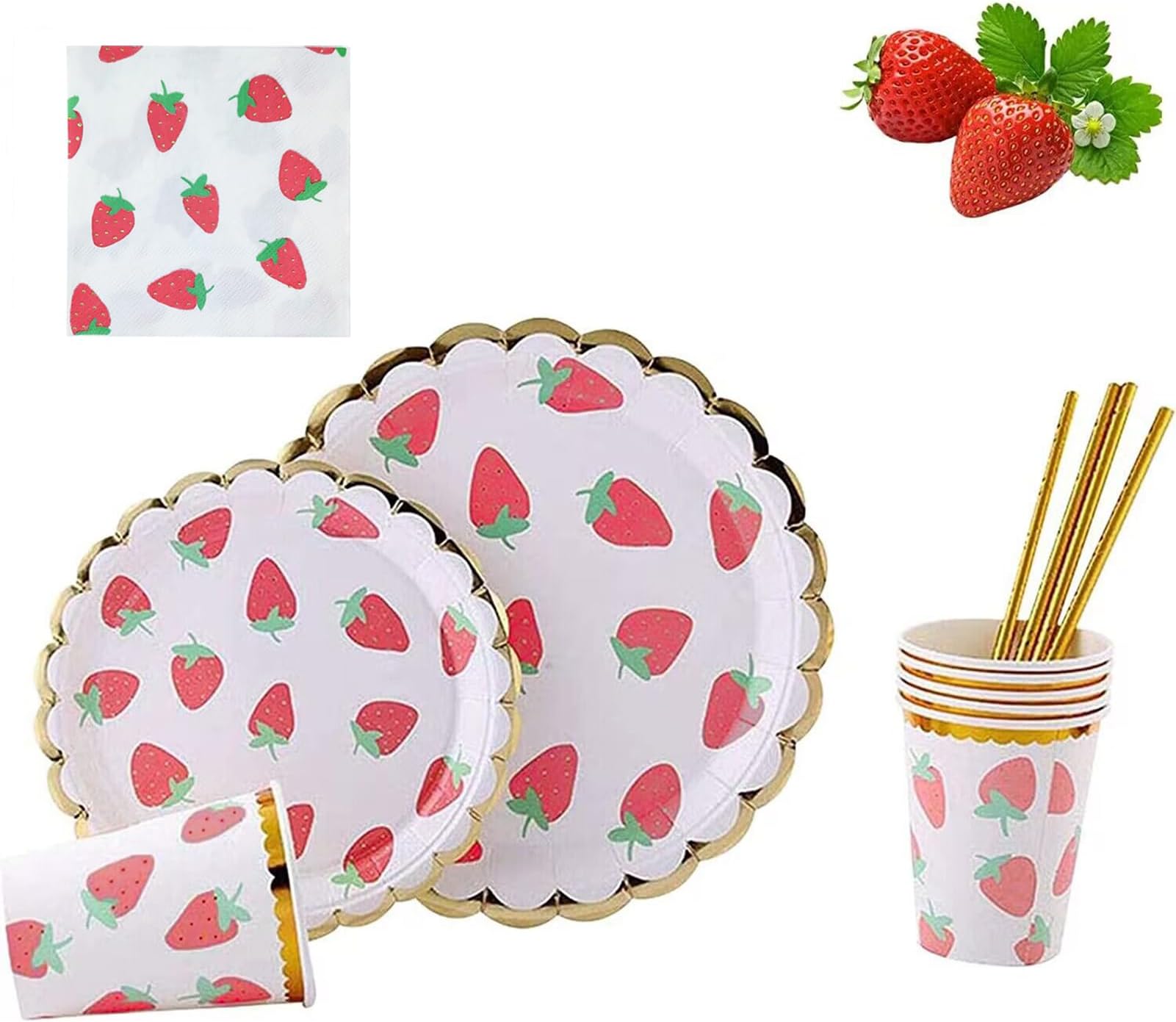 MaitianGuyou Strawberry Gold Rim Scalloped Paper Party Tableware Set Serves 20, Disposable Plates Cups Napkins Straws for Birthday Baby Shower Fruit Themed Party Supplies