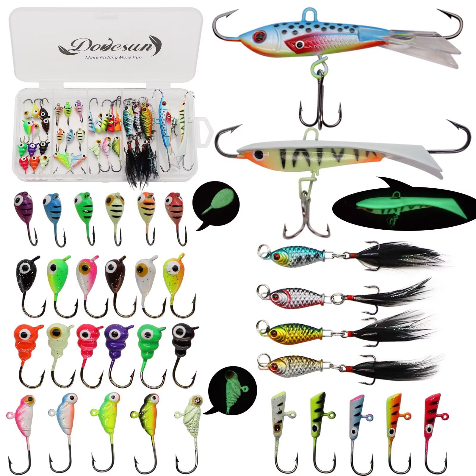 Dovesun Fishing Kit Ice Fishing Jigs Ice Fishing Lures Walleye Fishing Lures Crappie Jigs 1/18oz, 1/16oz, 1/15oz, 1/14oz,1/5oz, 3/8oz 34pcs