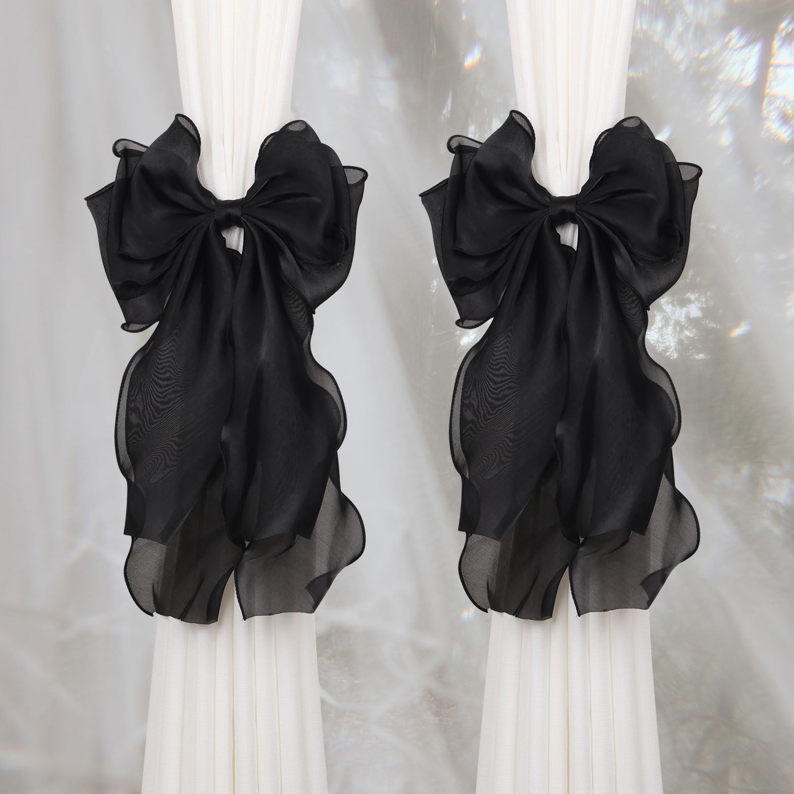 Pretty Jolly 2 Pack French Silky Bow Curtain Tiebacks Elegant Lace Ribbon Decorative Drape Tie Backs Double Layer Handmade Butterfly Knot Curtain Holdbacks for Home Wedding Window Drapery (Black)