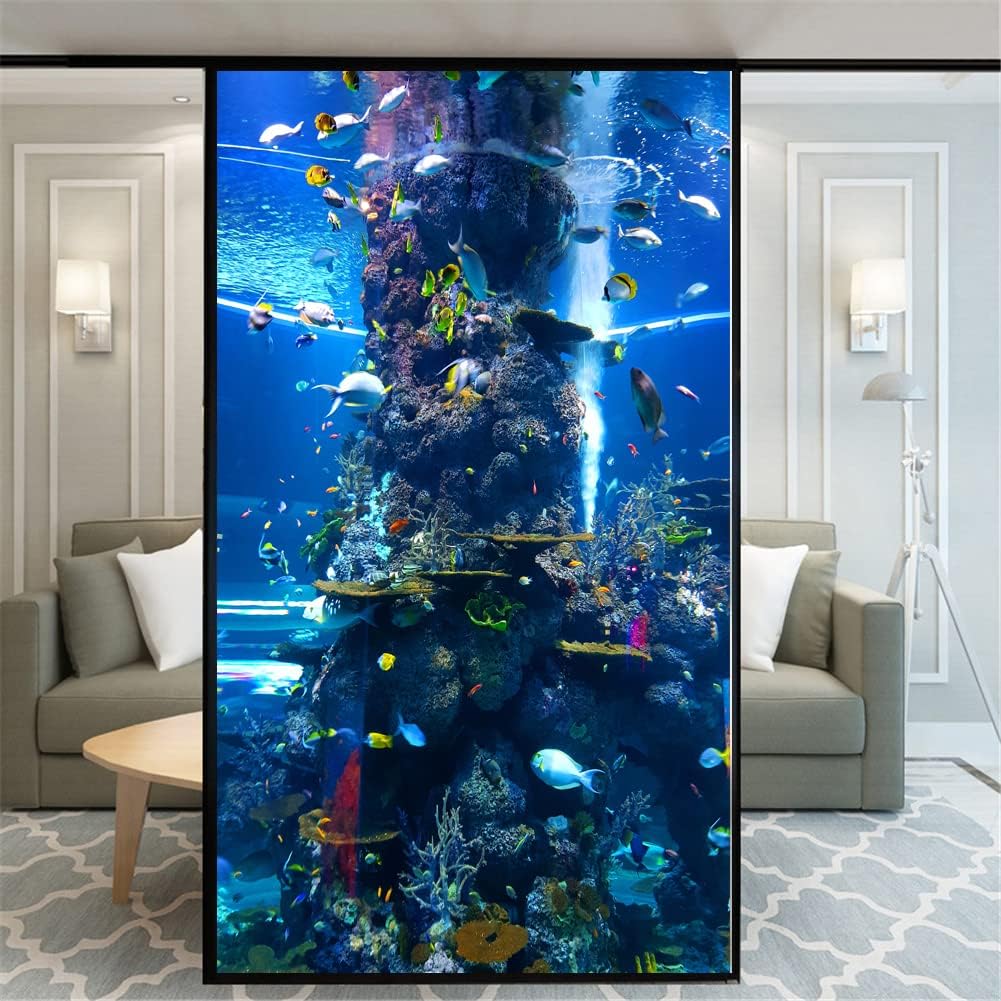 No Glue Window Film Privacy Aquarium Picture 110K Decorative Frosted Glass Door Window Covering Window Decals Window Sticker for Home Office 80x160cm(31.5"x63")