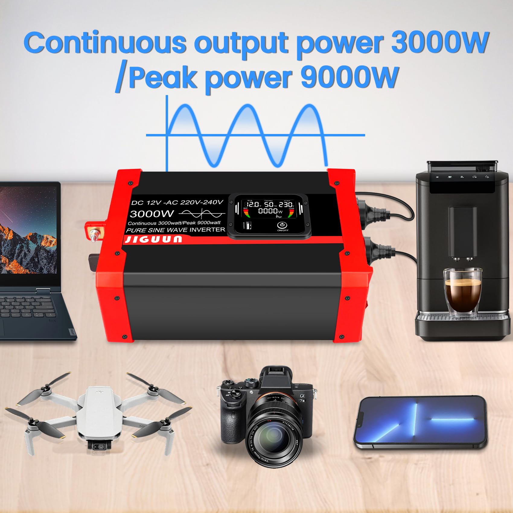 JIGUUN 3000W 9000W Falownik 12V na 230V Przetwornica napięcia sinusoidalnego z wyświetlaczem LCD,zdejmowanym pilotem zdalnego sterowania, 2 gniazdami UE, 3 portami USB+1 portem typu C