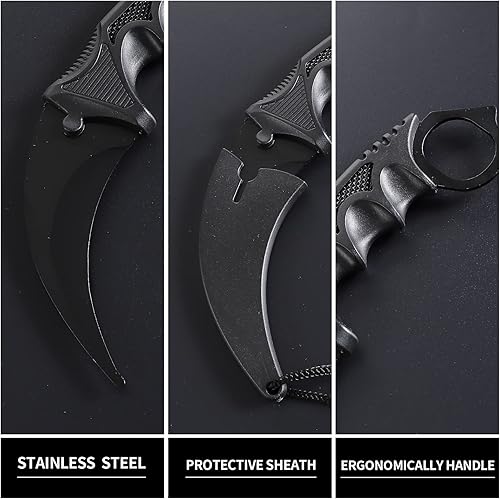 Miniatura 2 de Karambit Cuchillo de hoja fija, herramienta táctica de camping, 2 piezas de acero inoxidable para caza al aire libre con funda y cable, adecuado